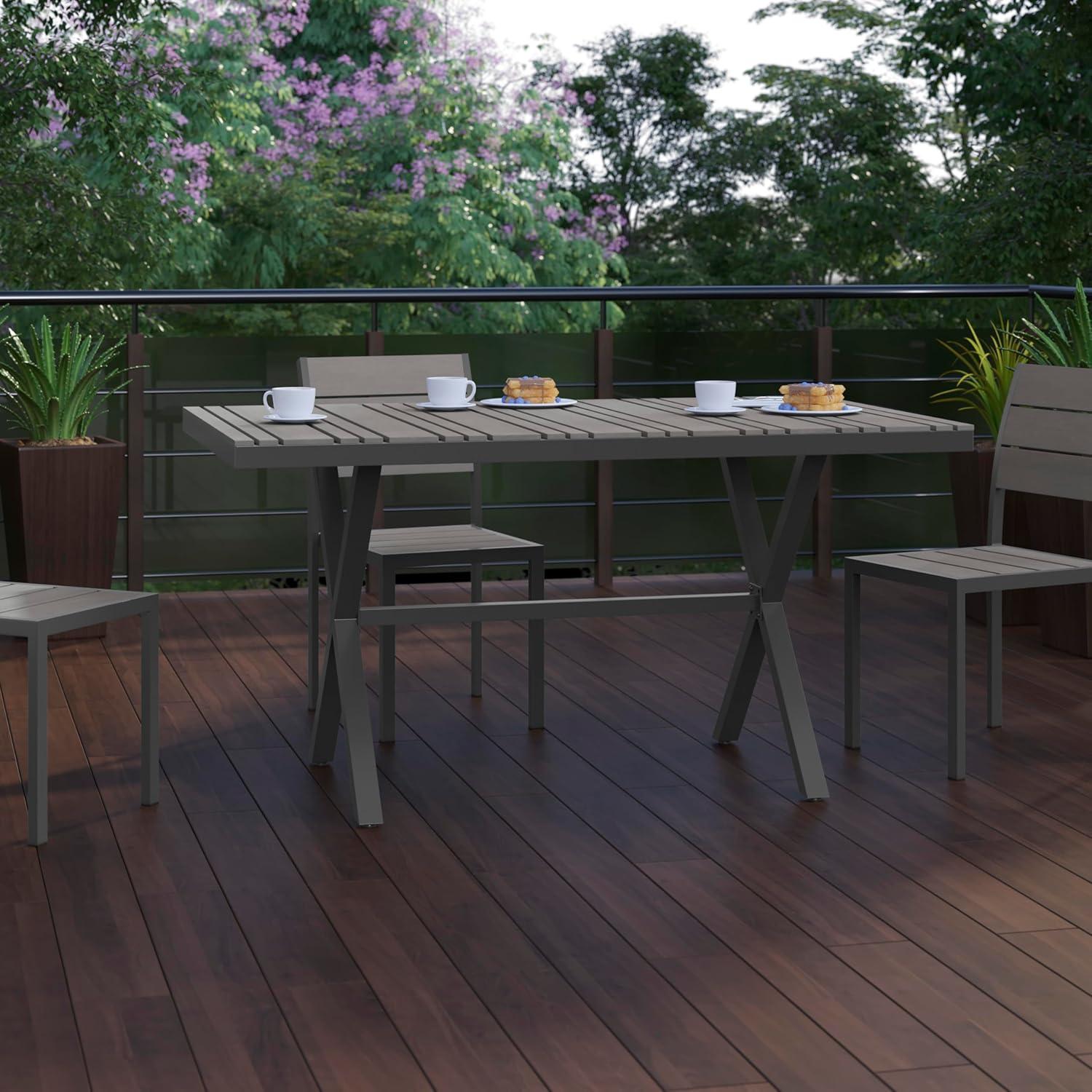imageFlash Furniture Finch Commercial Grade XFrame Outdoor Dining Table 59quot x 355quot with Faux Teak Poly Slats and Metal Frame GrayGrayGray TopGray Frame