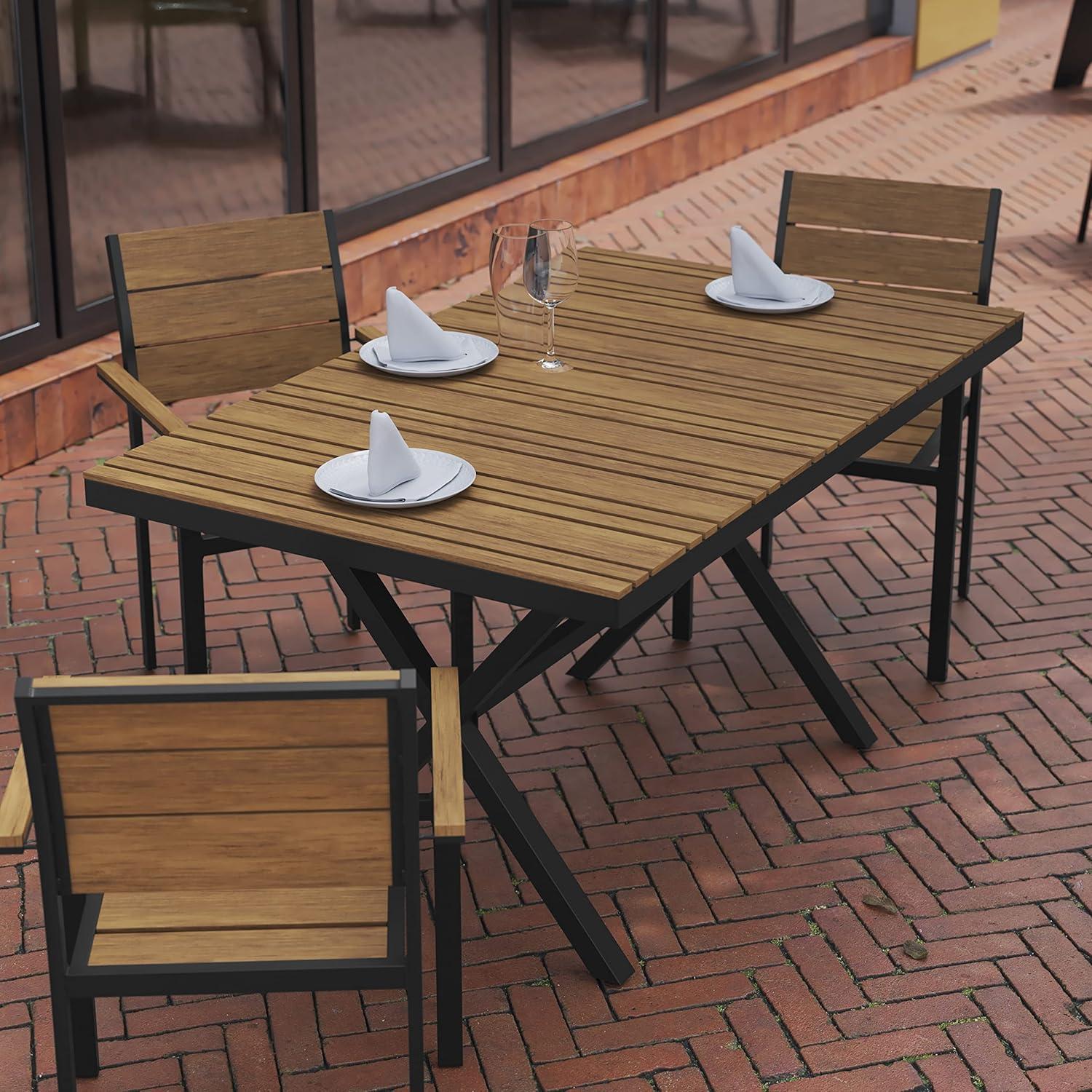 imageFlash Furniture Finch Commercial Grade XFrame Outdoor Dining Table 59quot x 355quot with Faux Teak Poly Slats and Metal Frame GrayGrayNatural TopGray Frame
