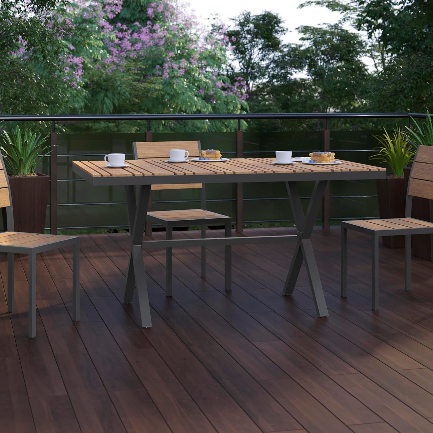 imageFlash Furniture Finch Commercial Grade XFrame Outdoor Dining Table 59quot x 355quot with Faux Teak Poly Slats and Metal Frame GrayGrayNatural TopGray Frame