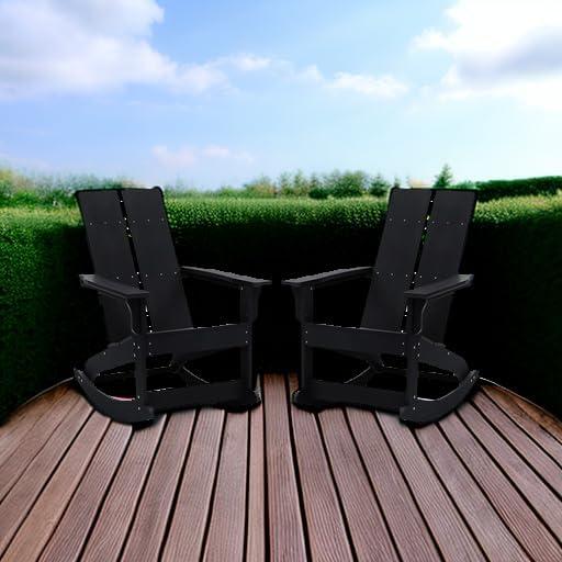 imageFlash Furniture Finn Modern Commercial Grade Poly Resin Wood Adirondack Rocking Chair All Weather Red Polystyrene Dual Slat Back Stainless Steel HardwareBlack