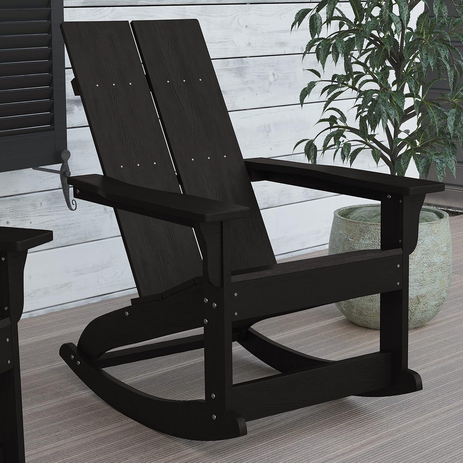 imageFlash Furniture Finn Modern Commercial Grade Poly Resin Wood Adirondack Rocking Chair All Weather Red Polystyrene Dual Slat Back Stainless Steel HardwareBlack