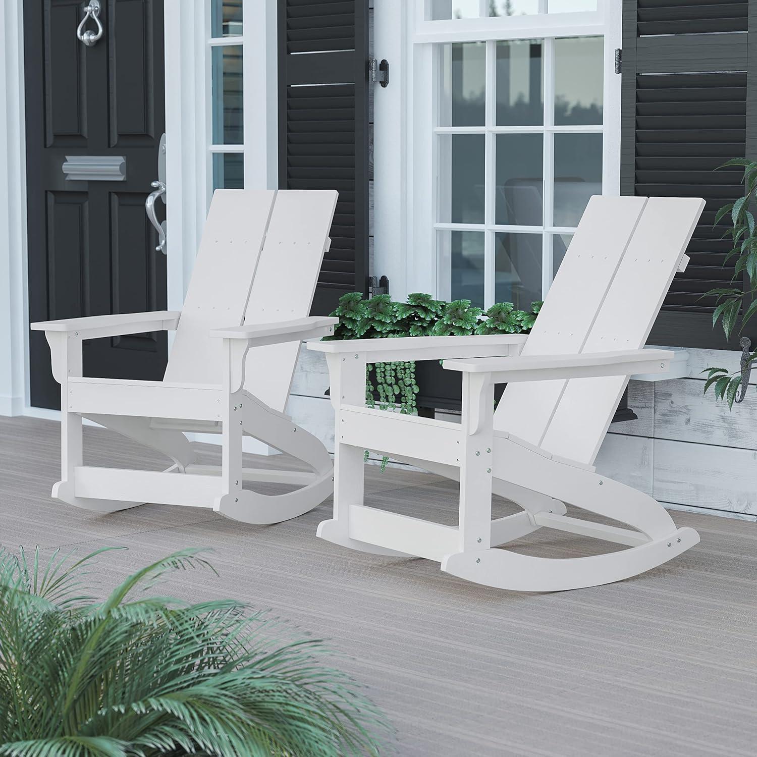 imageFlash Furniture Finn Modern Commercial Grade Poly Resin Wood Adirondack Rocking Chair All Weather Red Polystyrene Dual Slat Back Stainless Steel HardwareWhite