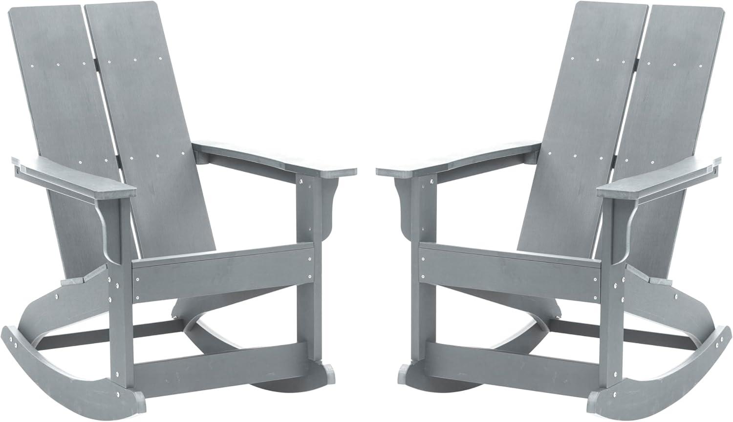 imageFlash Furniture Finn Modern Commercial Grade Poly Resin Wood Adirondack Rocking Chair All Weather Red Polystyrene Dual Slat Back Stainless Steel HardwareGrey