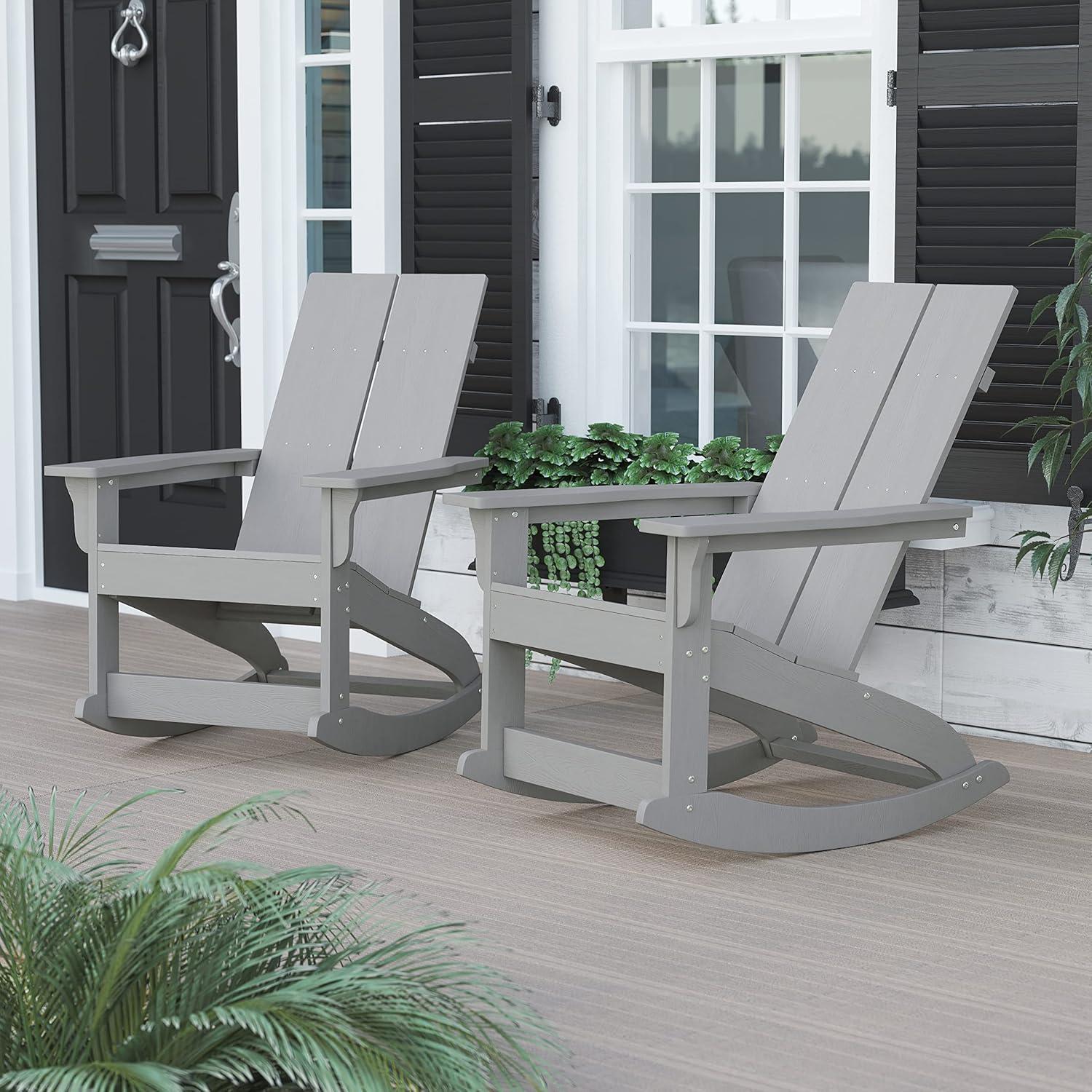 imageFlash Furniture Finn Modern Commercial Grade Poly Resin Wood Adirondack Rocking Chair All Weather Red Polystyrene Dual Slat Back Stainless Steel HardwareGrey