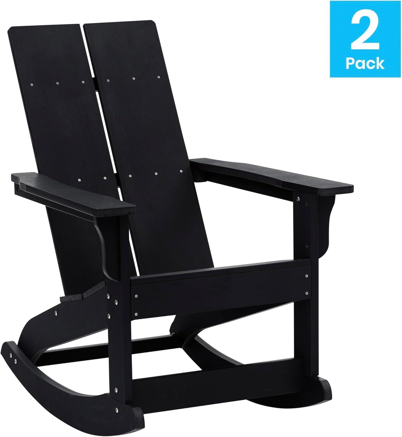 imageFlash Furniture Finn Modern Commercial Grade Poly Resin Wood Adirondack Rocking Chair All Weather Red Polystyrene Dual Slat Back Stainless Steel HardwareBlack