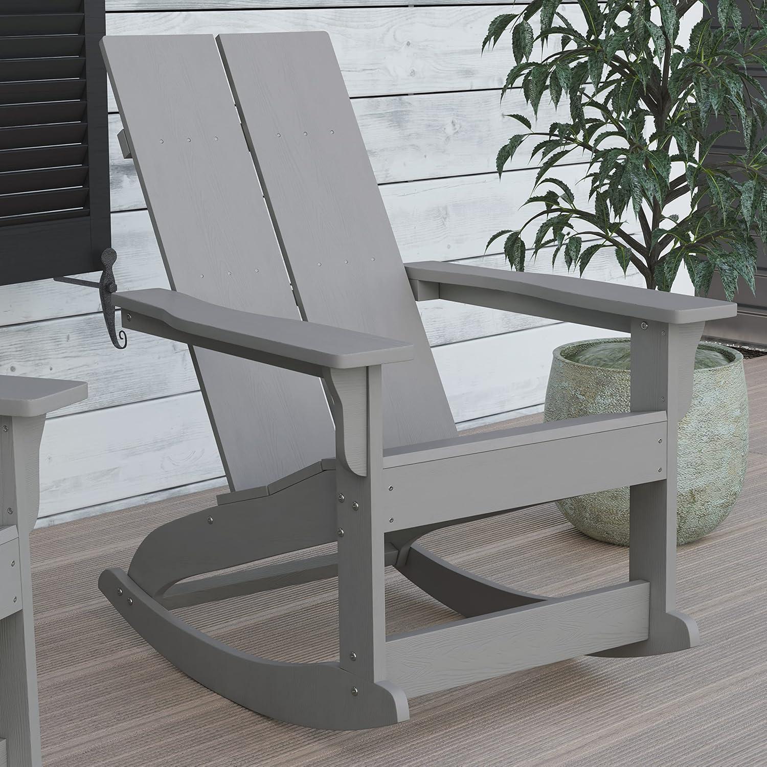 imageFlash Furniture Finn Modern Commercial Grade Poly Resin Wood Adirondack Rocking Chair All Weather Red Polystyrene Dual Slat Back Stainless Steel HardwareGrey