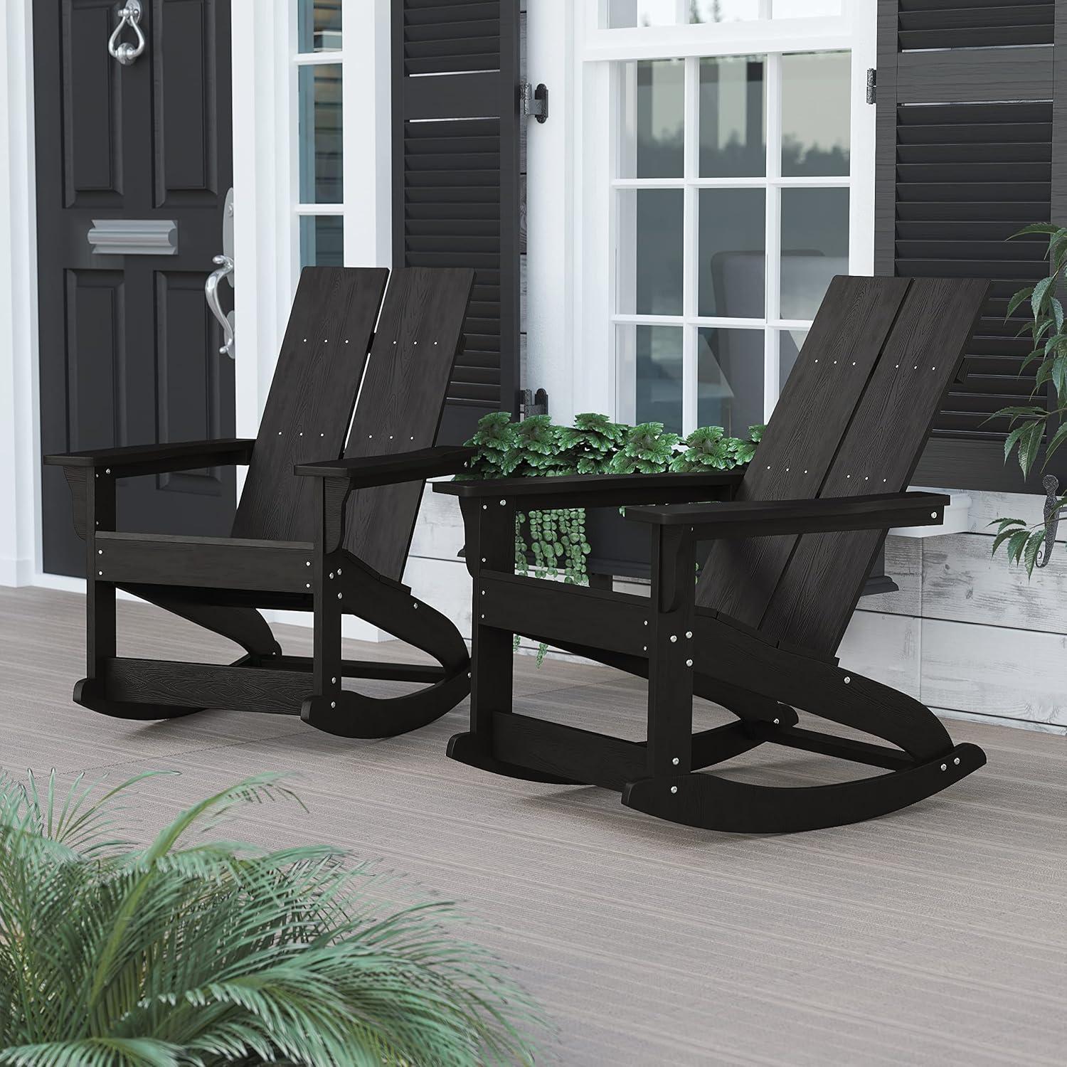 imageFlash Furniture Finn Modern Commercial Grade Poly Resin Wood Adirondack Rocking Chair All Weather Red Polystyrene Dual Slat Back Stainless Steel HardwareBlack