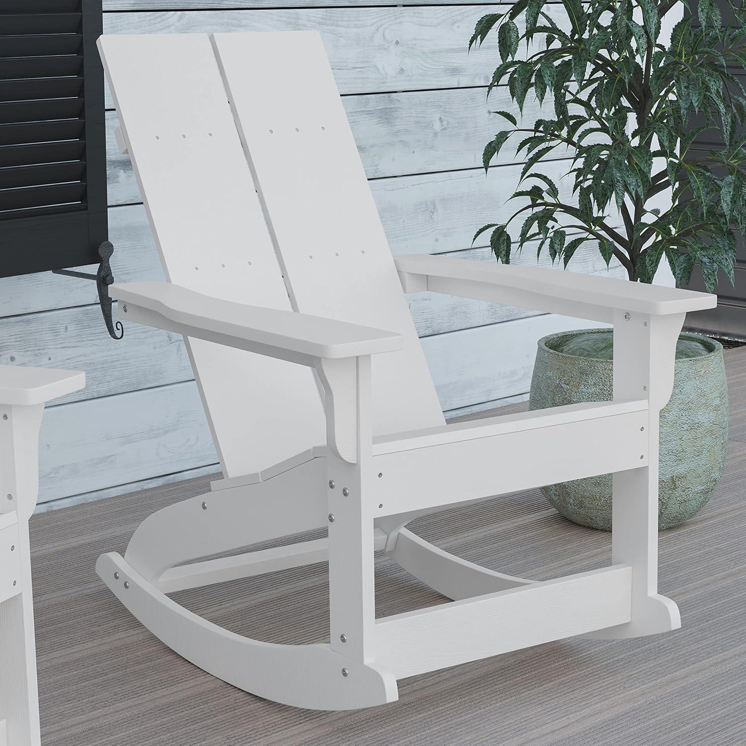 imageFlash Furniture Finn Modern Commercial Grade Poly Resin Wood Adirondack Rocking Chair All Weather Red Polystyrene Dual Slat Back Stainless Steel HardwareWhite