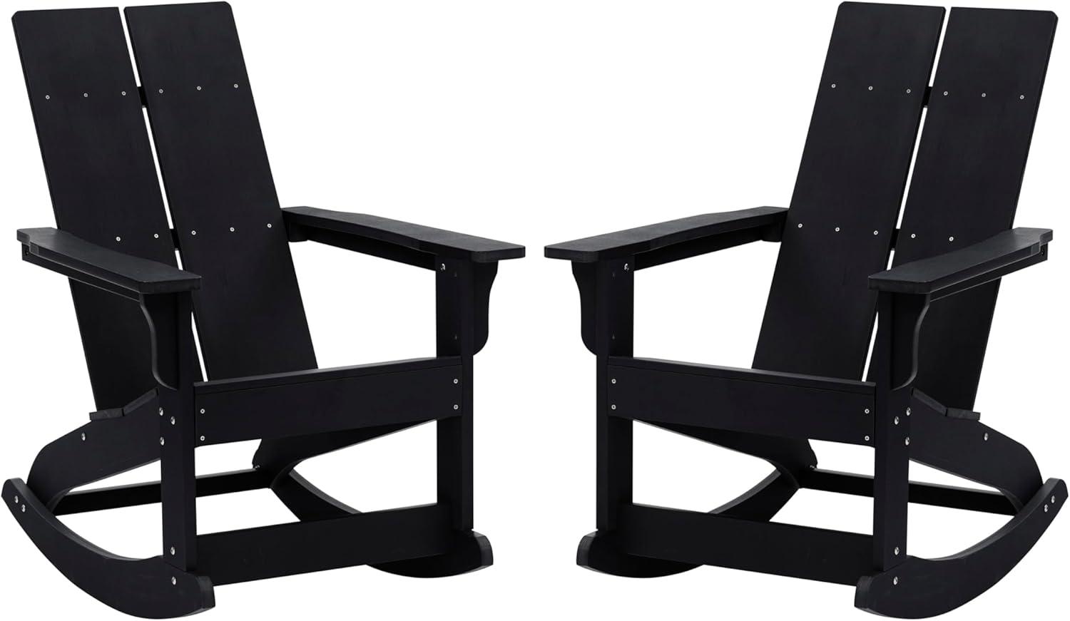 imageFlash Furniture Finn Modern Commercial Grade Poly Resin Wood Adirondack Rocking Chair All Weather Red Polystyrene Dual Slat Back Stainless Steel HardwareBlack
