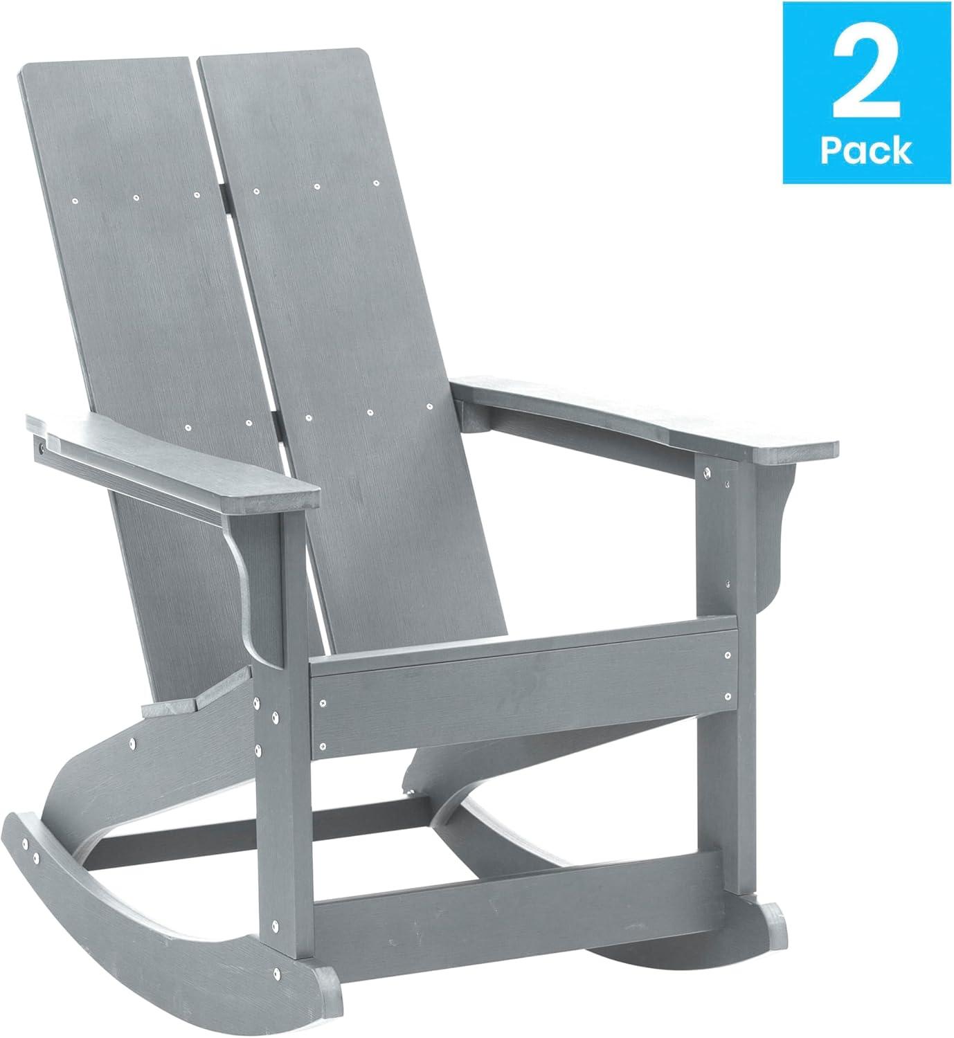 imageFlash Furniture Finn Modern Commercial Grade Poly Resin Wood Adirondack Rocking Chair All Weather Red Polystyrene Dual Slat Back Stainless Steel HardwareGrey