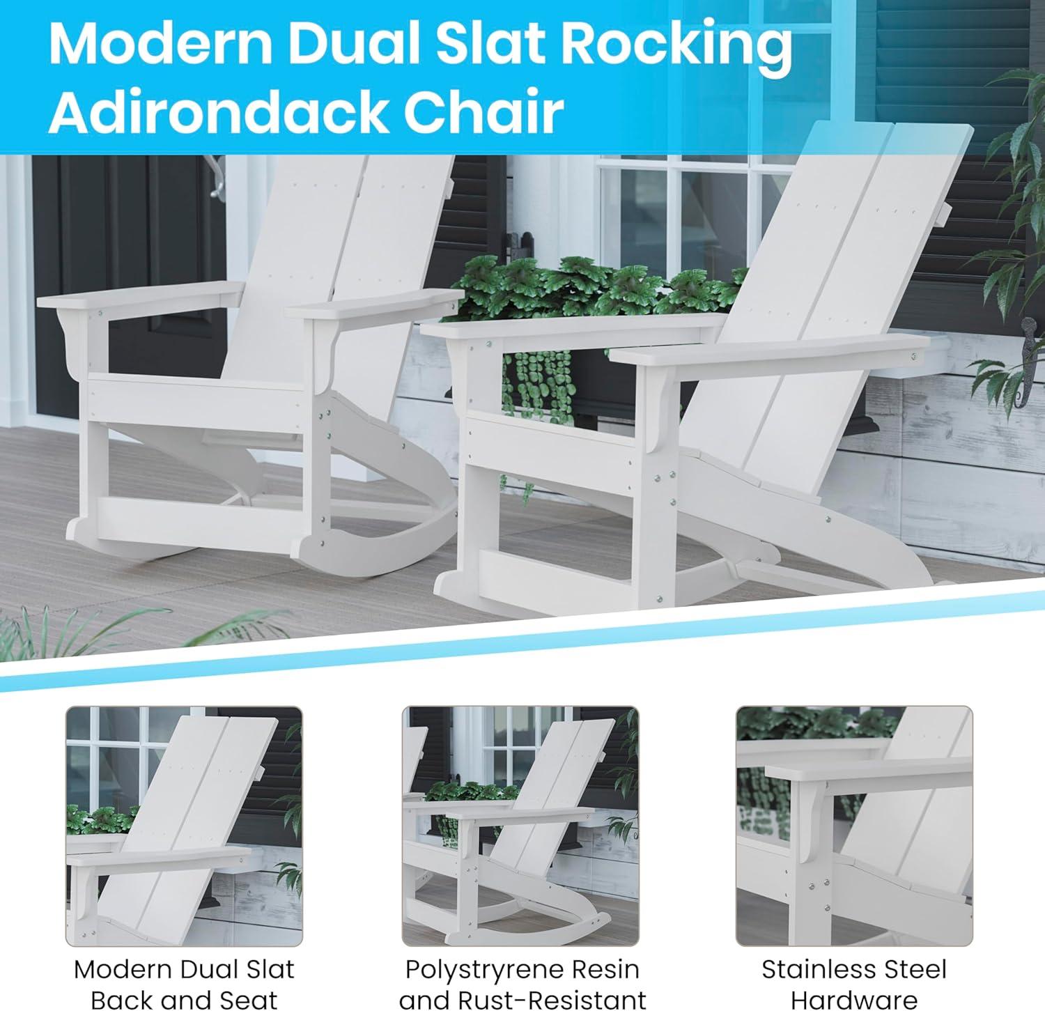 imageFlash Furniture Finn Modern Commercial Grade Poly Resin Wood Adirondack Rocking Chair All Weather Red Polystyrene Dual Slat Back Stainless Steel HardwareWhite