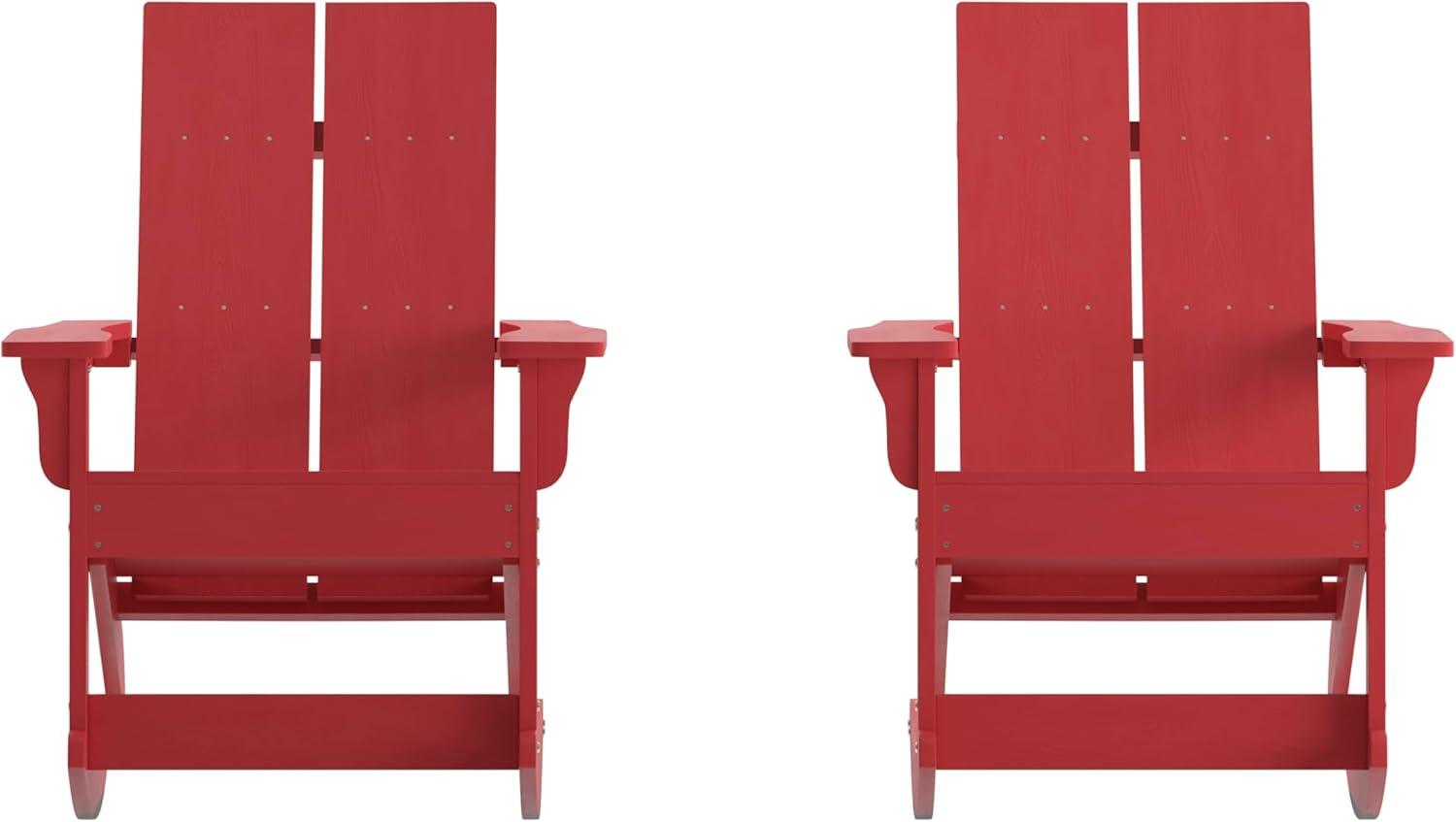 imageFlash Furniture Finn Modern Commercial Grade Poly Resin Wood Adirondack Rocking Chair All Weather Red Polystyrene Dual Slat Back Stainless Steel HardwareRed
