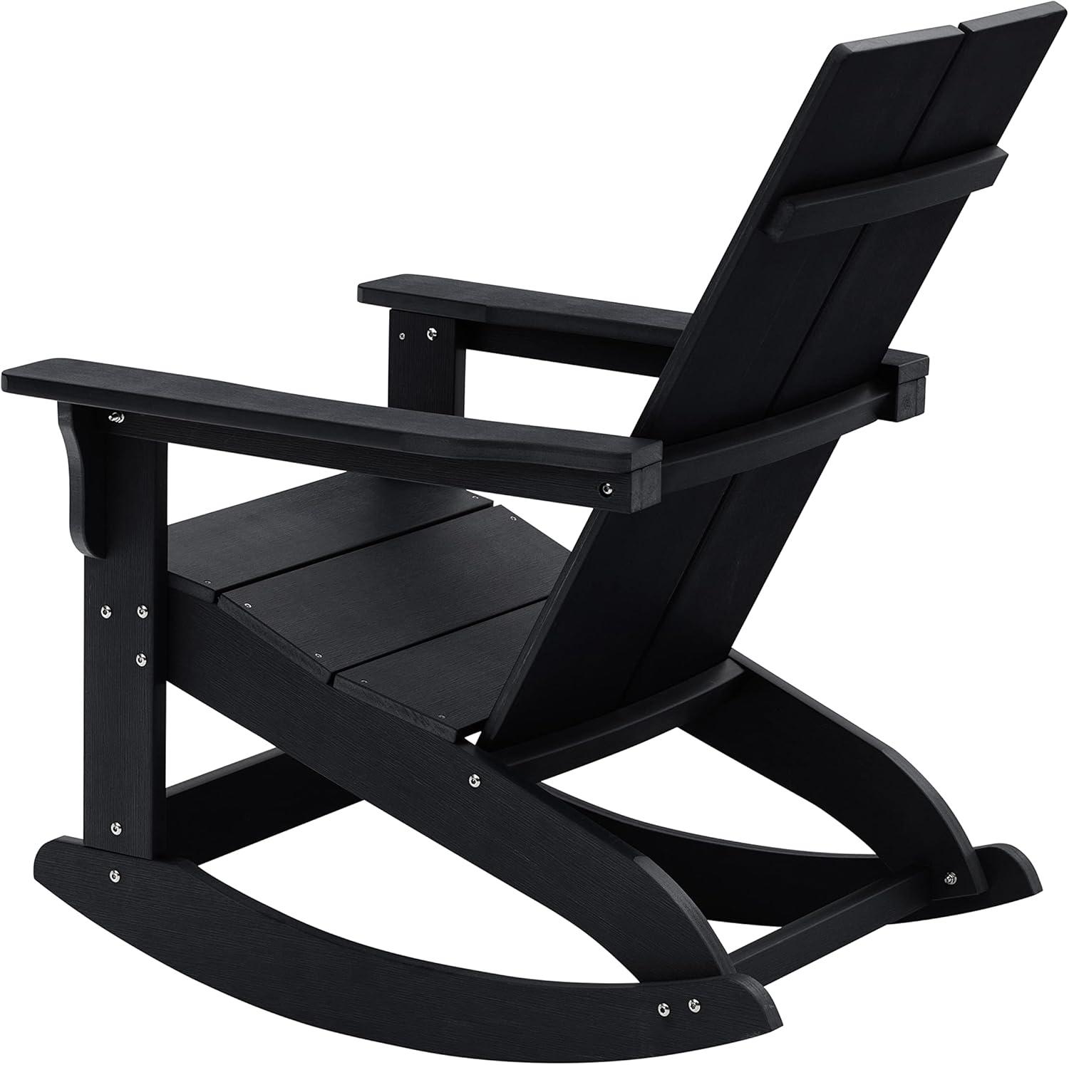 imageFlash Furniture Finn Modern Commercial Grade Poly Resin Wood Adirondack Rocking Chair All Weather Red Polystyrene Dual Slat Back Stainless Steel HardwareBlack