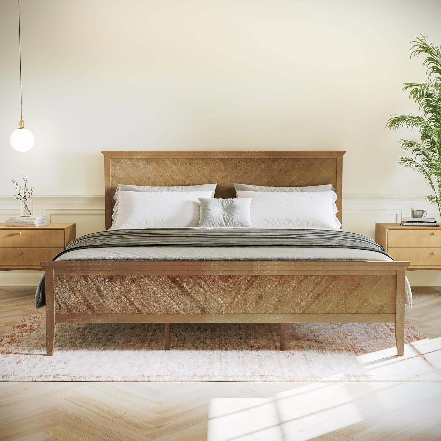 imageFlash Furniture Fiona King Wood Platform Bed Frame Solid Wood Construction Headboard Footboard Slatted Bottom Light BrownLight Brown