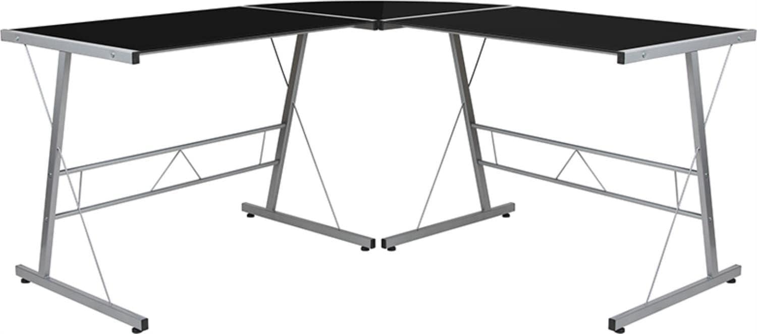 imageFlash Furniture Glass LShape Computer Desk with Silver Metal FrameBlack TopSilver Frame