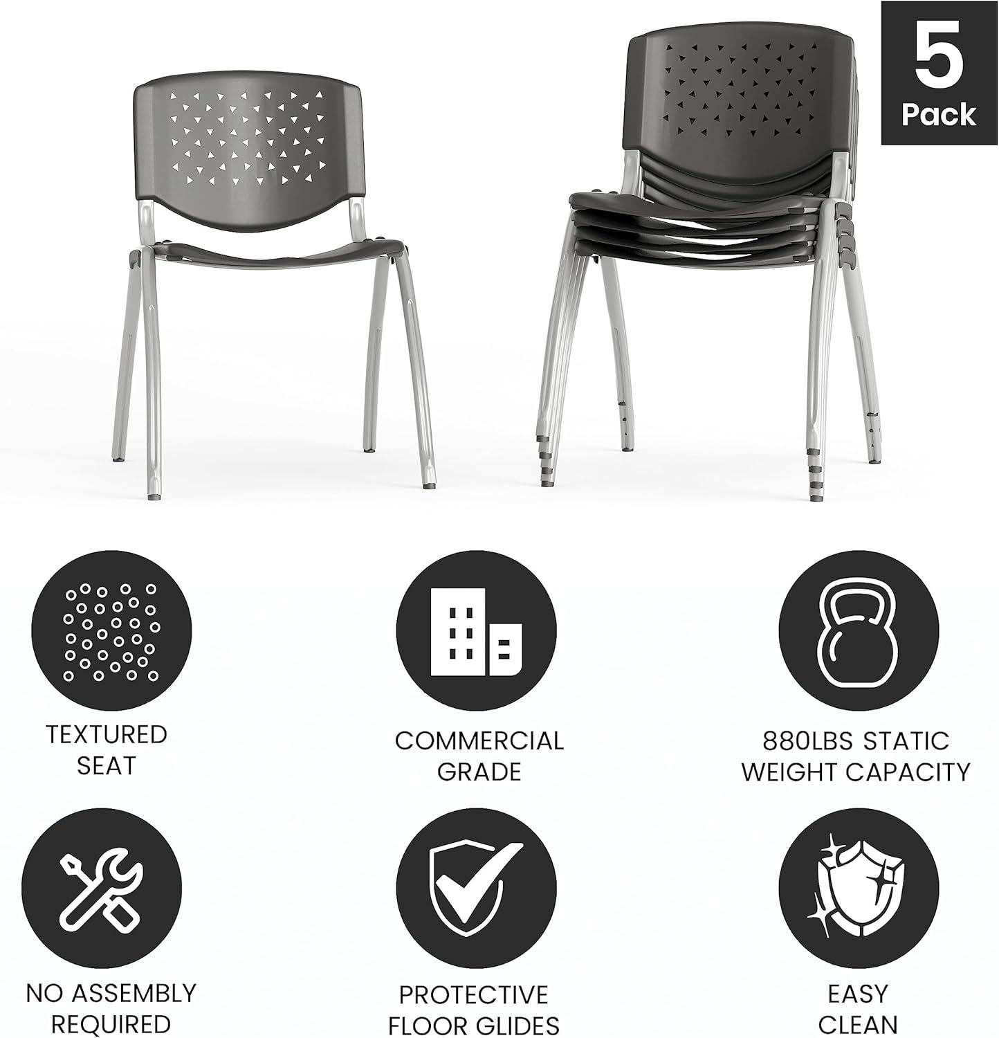 imageFlash Furniture HERCULES Series 880 lb Capacity Black Plastic Stack Chair with Titanium Gray Powder Coated FrameGrey