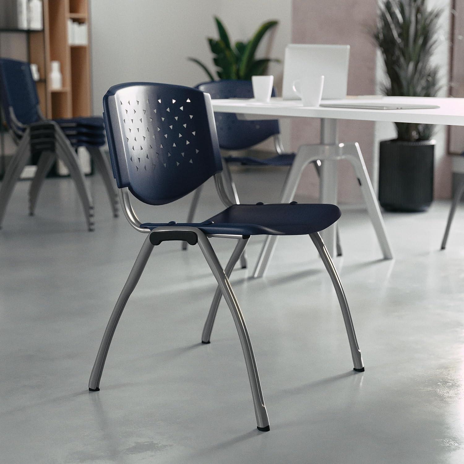 imageFlash Furniture HERCULES Series 880 lb Capacity Black Plastic Stack Chair with Titanium Gray Powder Coated FrameNavy