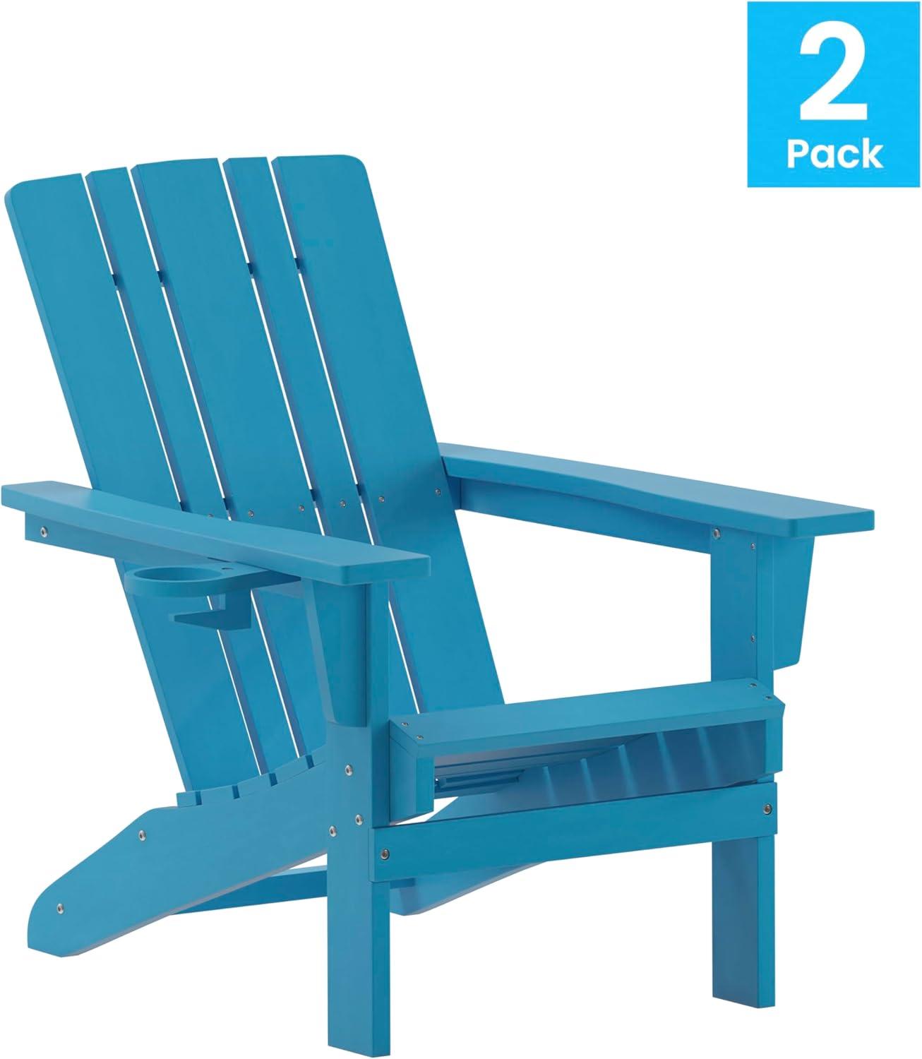 imageFlash Furniture Halifax Adirondack Chair with Cup Holder Weather Resistant Poly Resin Adirondack Chair Gray Set of 1Blue