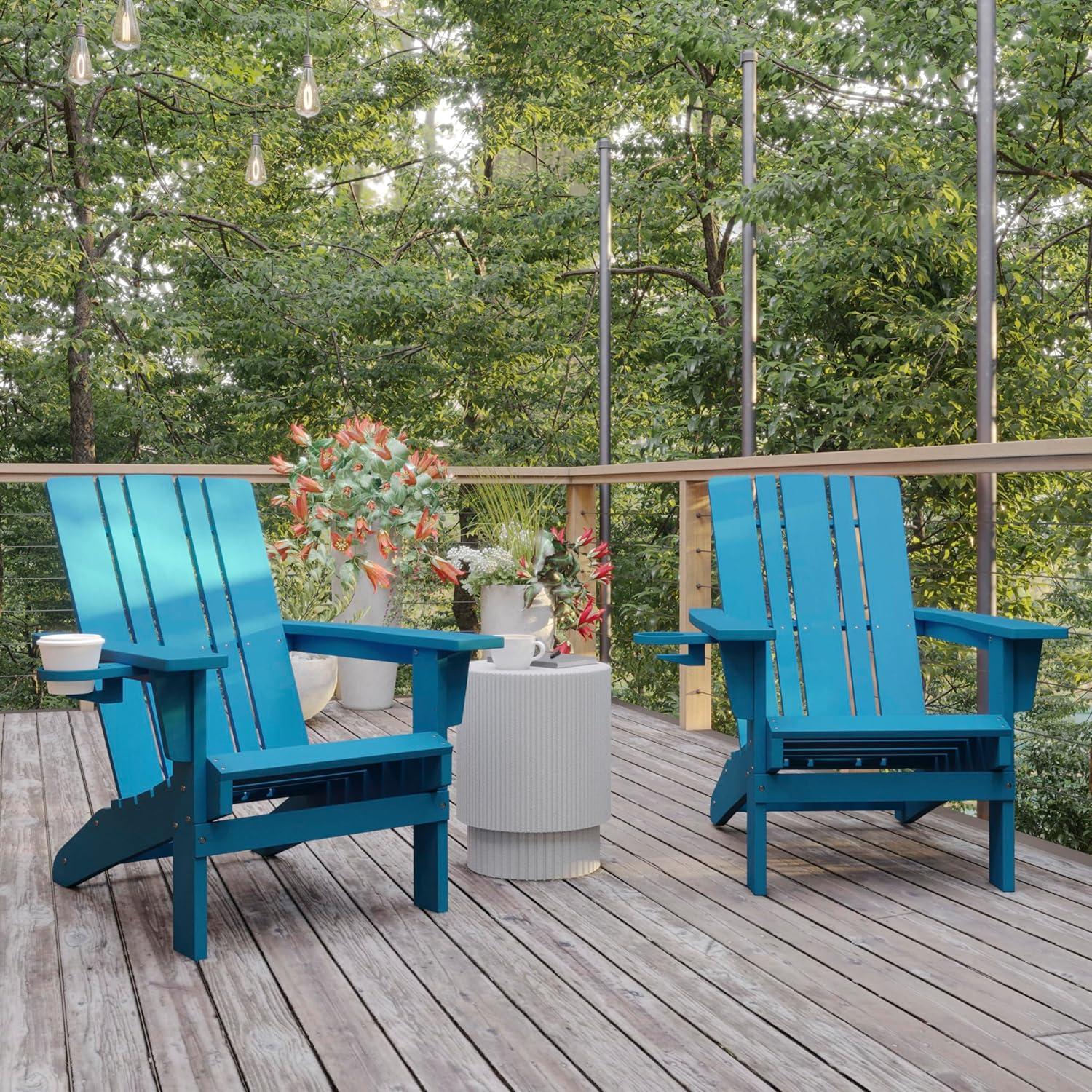 imageFlash Furniture Halifax Adirondack Chair with Cup Holder Weather Resistant Poly Resin Adirondack Chair Gray Set of 1Blue
