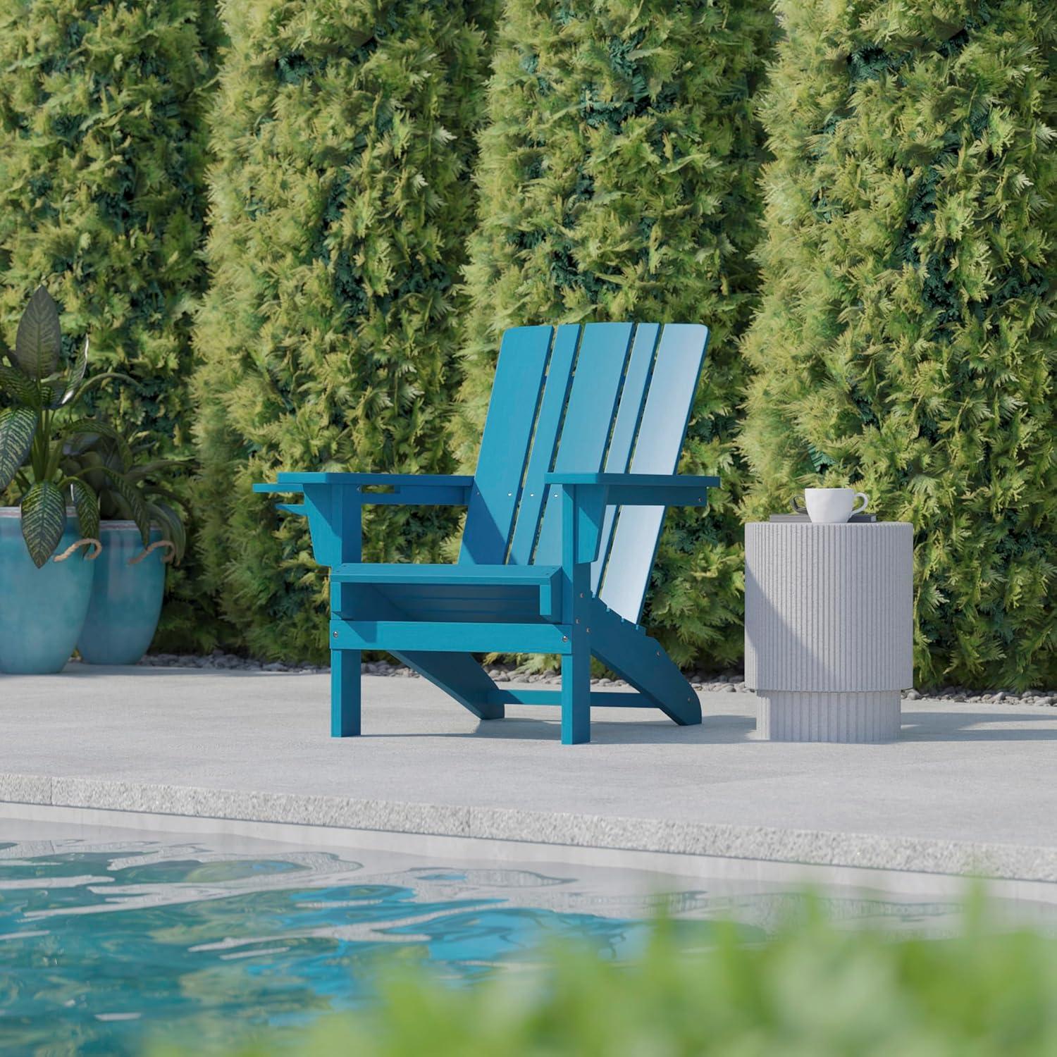 imageFlash Furniture Halifax Adirondack Chair with Cup Holder Weather Resistant Poly Resin Adirondack Chair Gray Set of 1Blue
