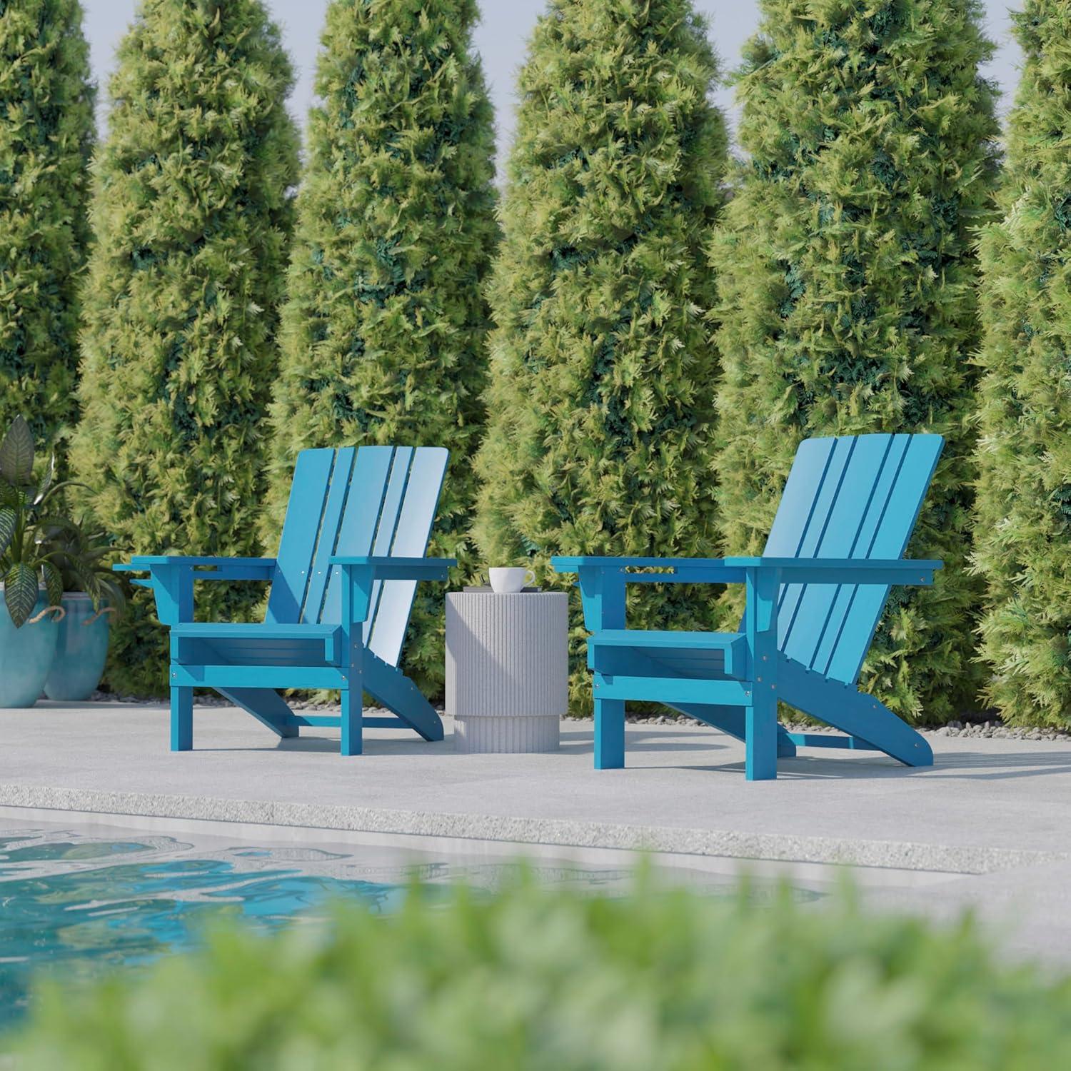 imageFlash Furniture Halifax Adirondack Chair with Cup Holder Weather Resistant Poly Resin Adirondack Chair Gray Set of 1Blue