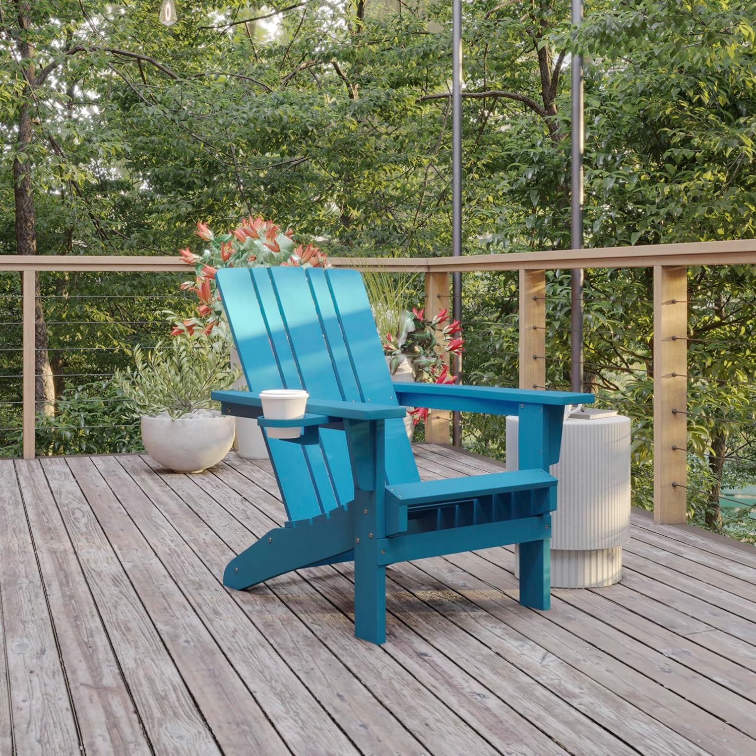imageFlash Furniture Halifax Adirondack Chair with Cup Holder Weather Resistant Poly Resin Adirondack Chair Gray Set of 1Blue