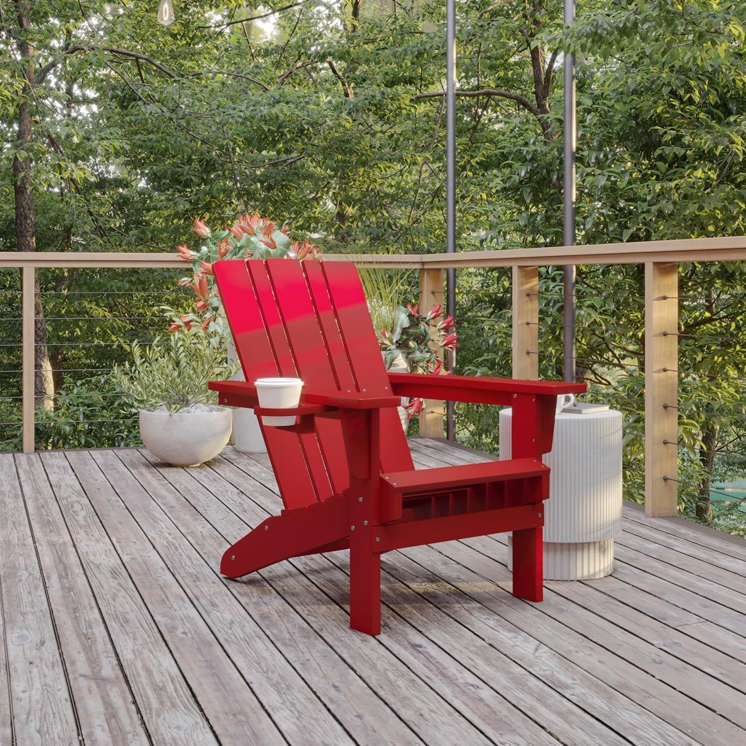imageFlash Furniture Halifax Adirondack Chair with Cup Holder Weather Resistant Poly Resin Adirondack Chair Gray Set of 1Red