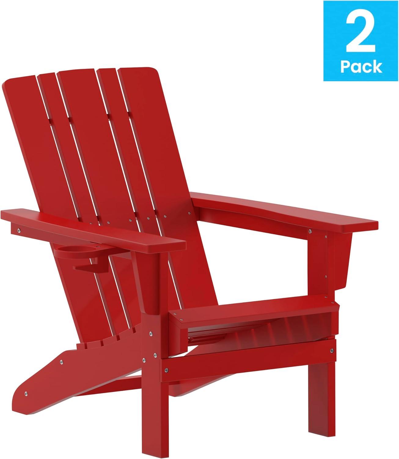 imageFlash Furniture Halifax Adirondack Chair with Cup Holder Weather Resistant Poly Resin Adirondack Chair Gray Set of 1Red