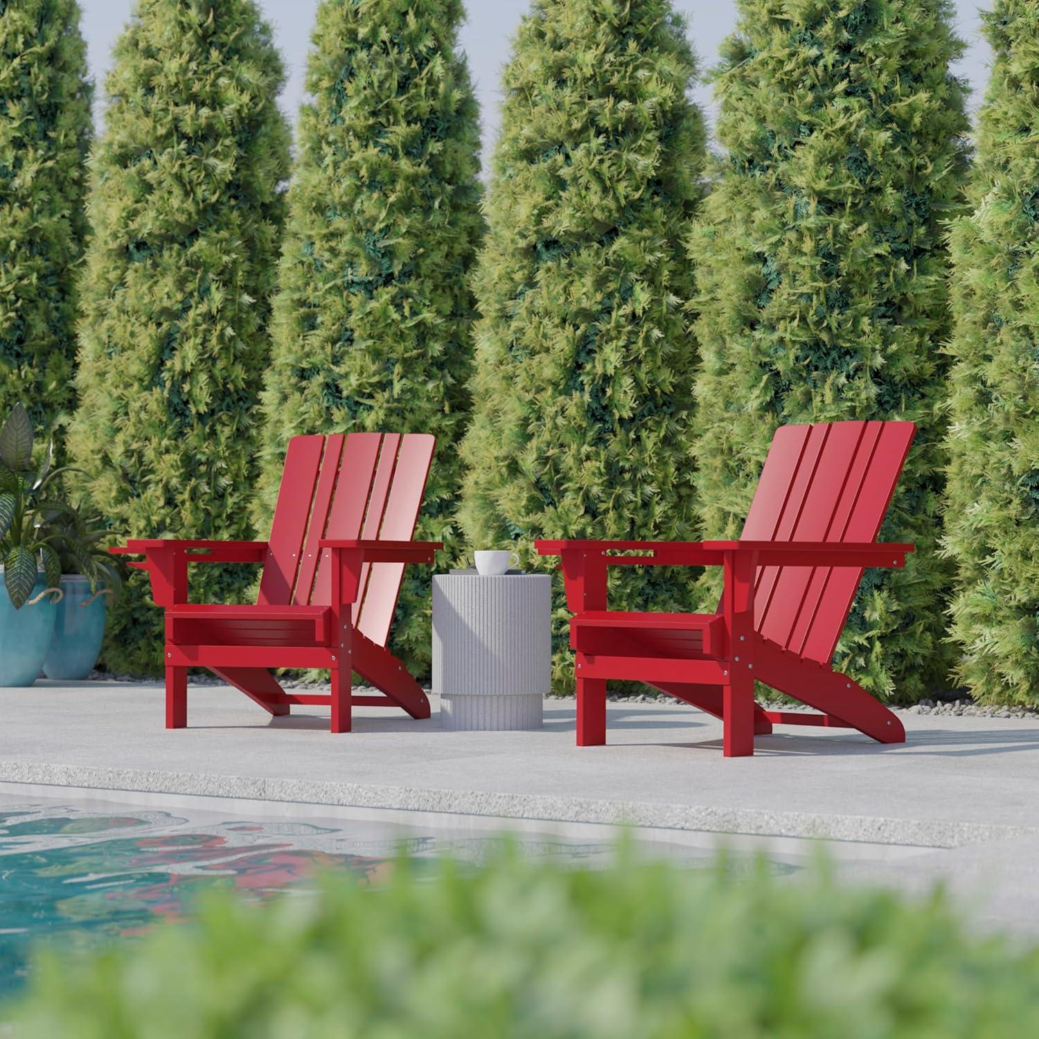 imageFlash Furniture Halifax Adirondack Chair with Cup Holder Weather Resistant Poly Resin Adirondack Chair Gray Set of 1Red