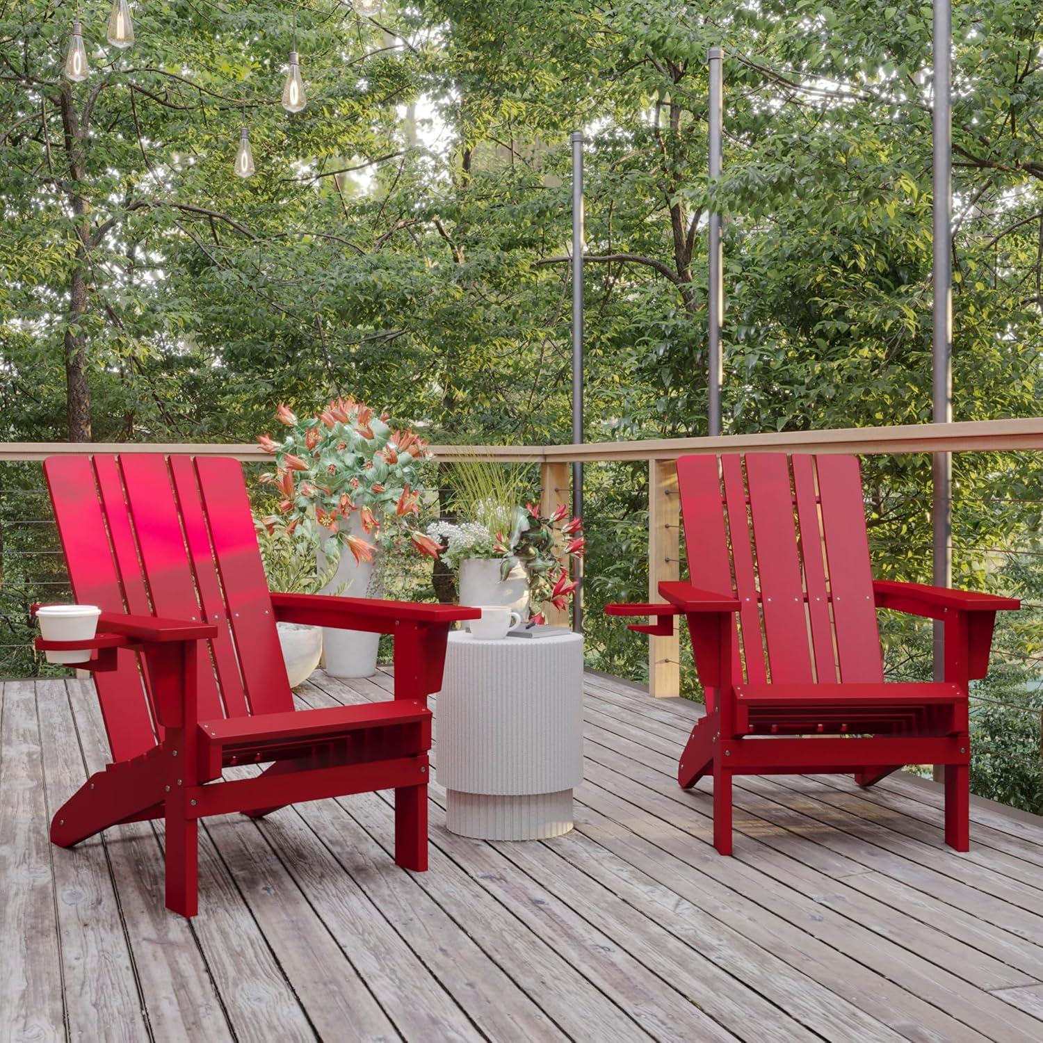 imageFlash Furniture Halifax Adirondack Chair with Cup Holder Weather Resistant Poly Resin Adirondack Chair Gray Set of 1Red