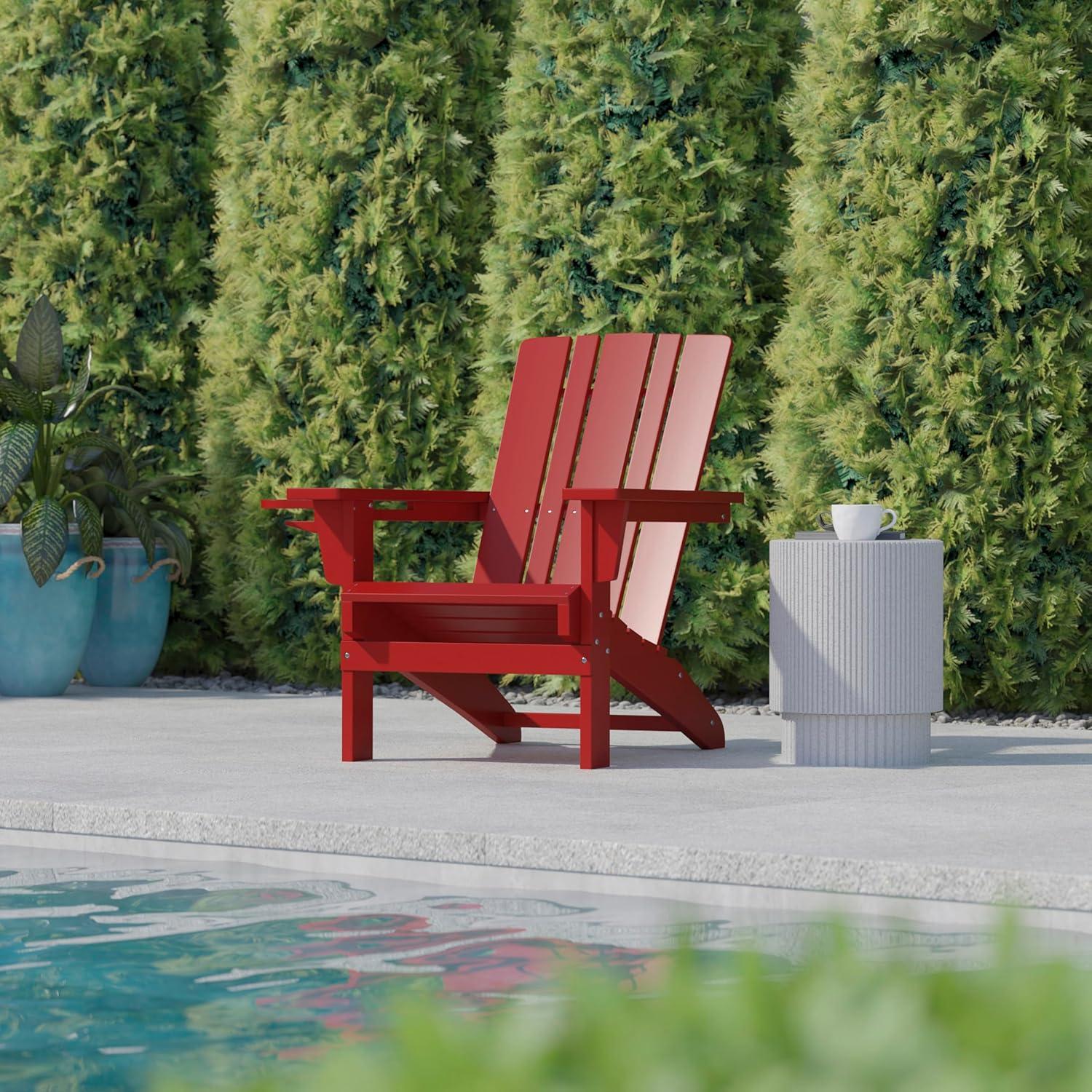 imageFlash Furniture Halifax Adirondack Chair with Cup Holder Weather Resistant Poly Resin Adirondack Chair Gray Set of 1Red