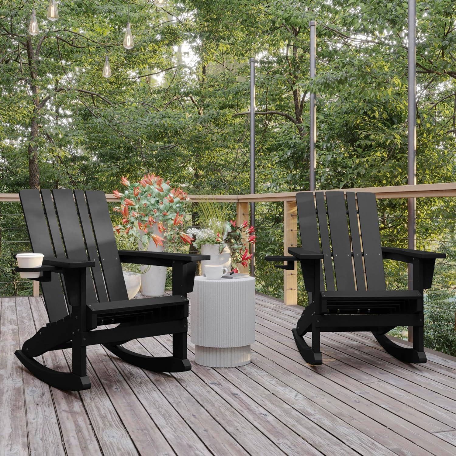 imageFlash Furniture Halifax Adirondack Rocking Chair with Cup Holder Weather Resistant Poly Resin Adirondack Rocking Chair RedBlack