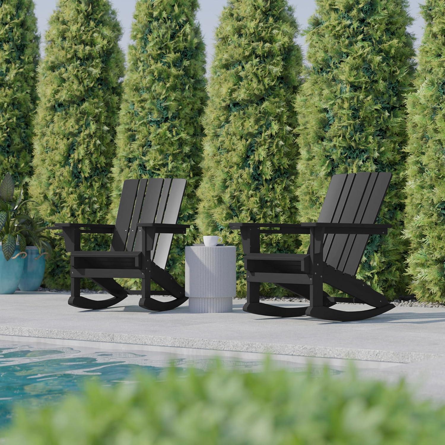 imageFlash Furniture Halifax Adirondack Rocking Chair with Cup Holder Weather Resistant Poly Resin Adirondack Rocking Chair RedBlack