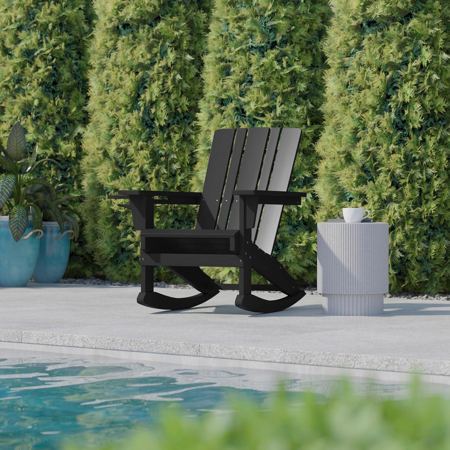 imageFlash Furniture Halifax Adirondack Rocking Chair with Cup Holder Weather Resistant Poly Resin Adirondack Rocking Chair RedBlack