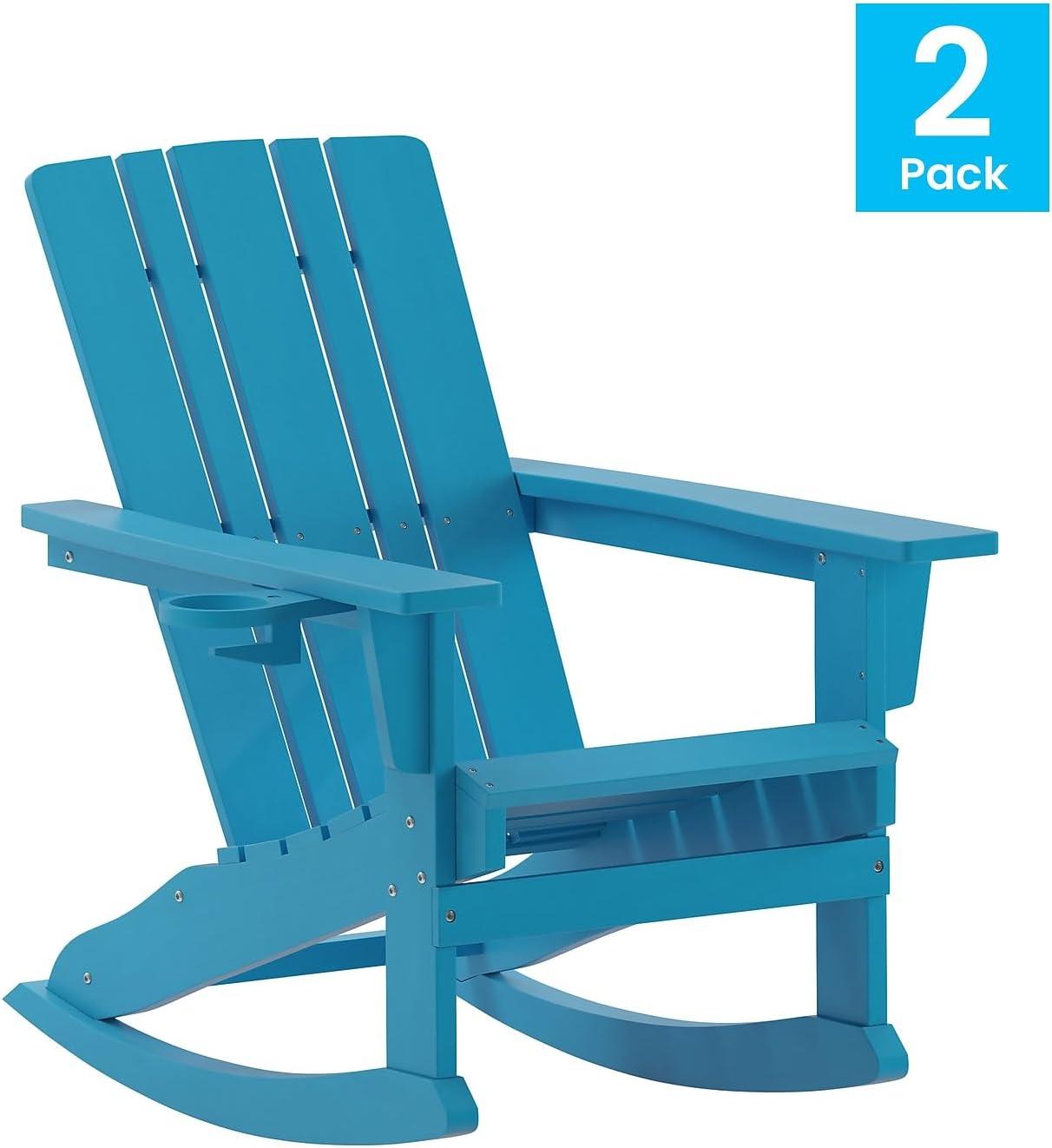 imageFlash Furniture Halifax Adirondack Rocking Chair with Cup Holder Weather Resistant Poly Resin Adirondack Rocking Chair RedBlue