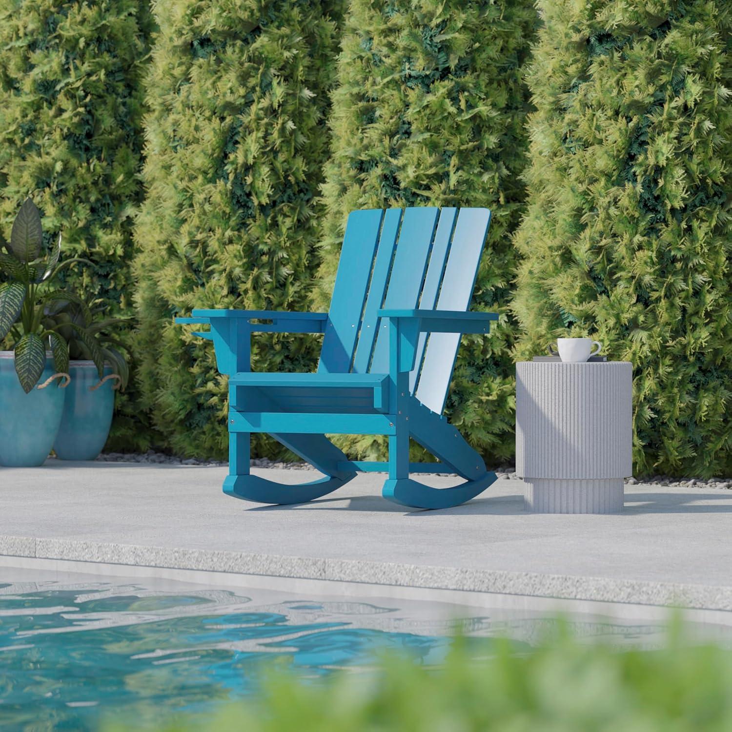 imageFlash Furniture Halifax Adirondack Rocking Chair with Cup Holder Weather Resistant Poly Resin Adirondack Rocking Chair RedBlue