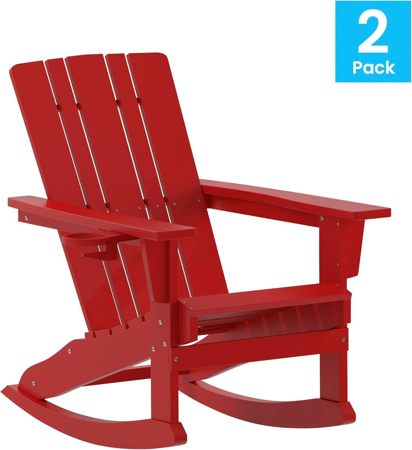 imageFlash Furniture Halifax Adirondack Rocking Chair with Cup Holder Weather Resistant Poly Resin Adirondack Rocking Chair RedRed