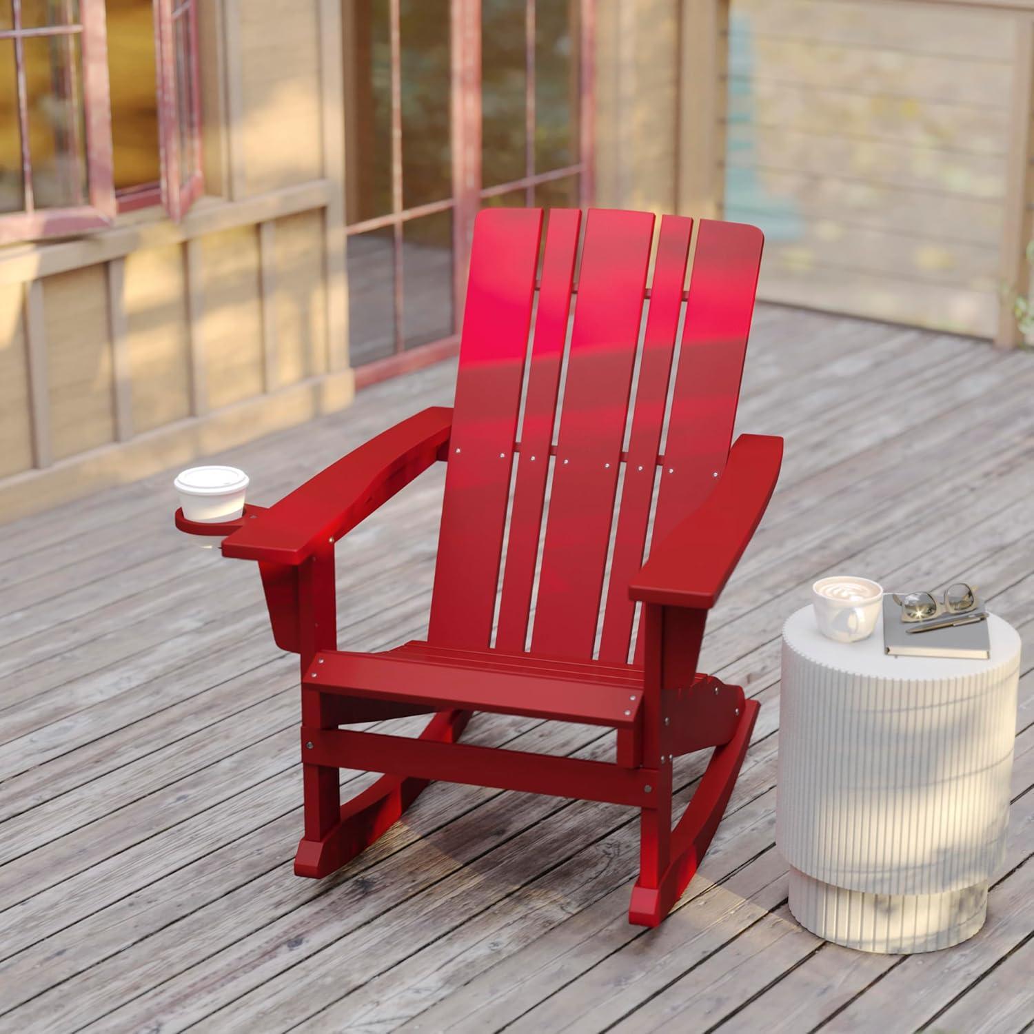 imageFlash Furniture Halifax Adirondack Rocking Chair with Cup Holder Weather Resistant Poly Resin Adirondack Rocking Chair RedRed