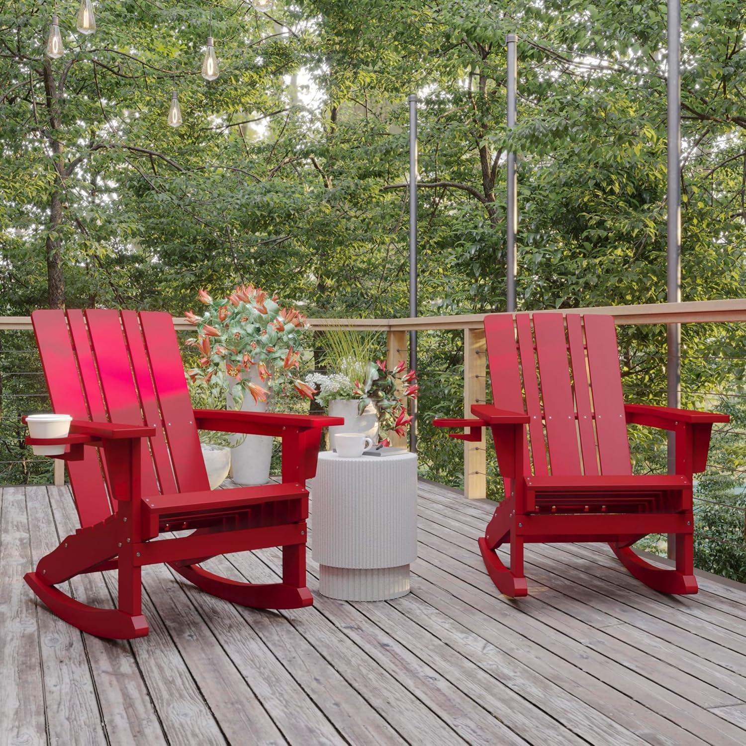imageFlash Furniture Halifax Adirondack Rocking Chair with Cup Holder Weather Resistant Poly Resin Adirondack Rocking Chair RedRed