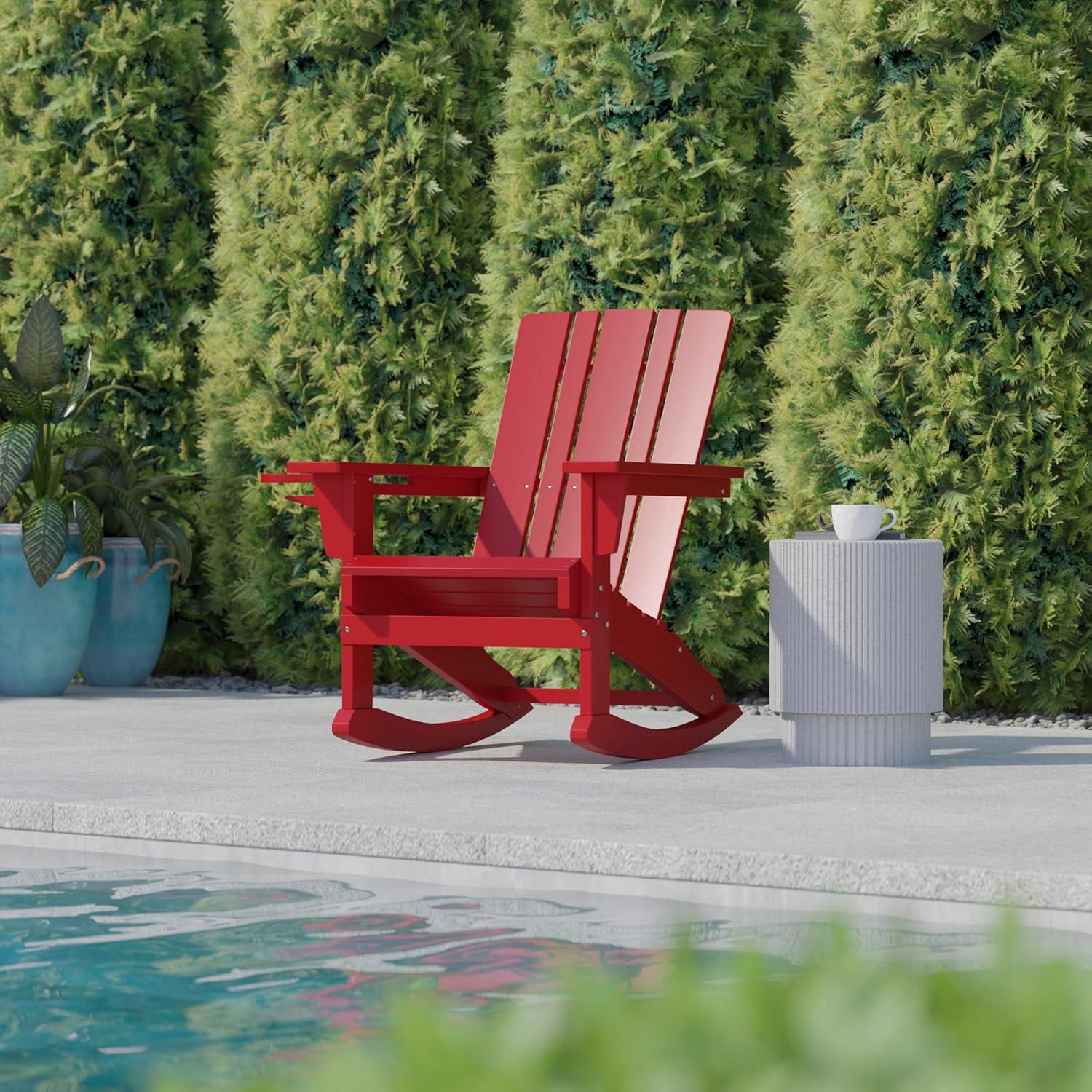 imageFlash Furniture Halifax Adirondack Rocking Chair with Cup Holder Weather Resistant Poly Resin Adirondack Rocking Chair RedRed