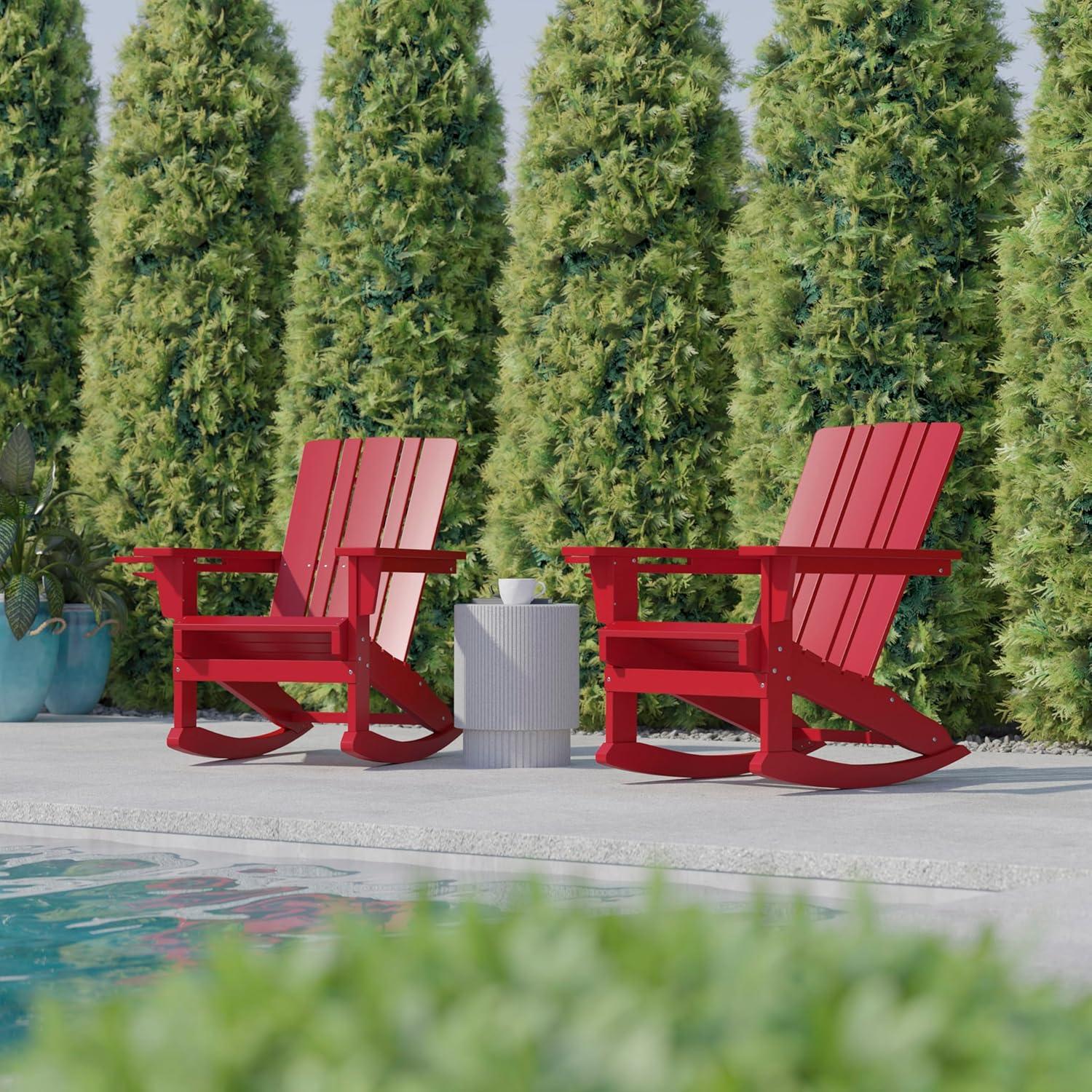 imageFlash Furniture Halifax Adirondack Rocking Chair with Cup Holder Weather Resistant Poly Resin Adirondack Rocking Chair RedRed