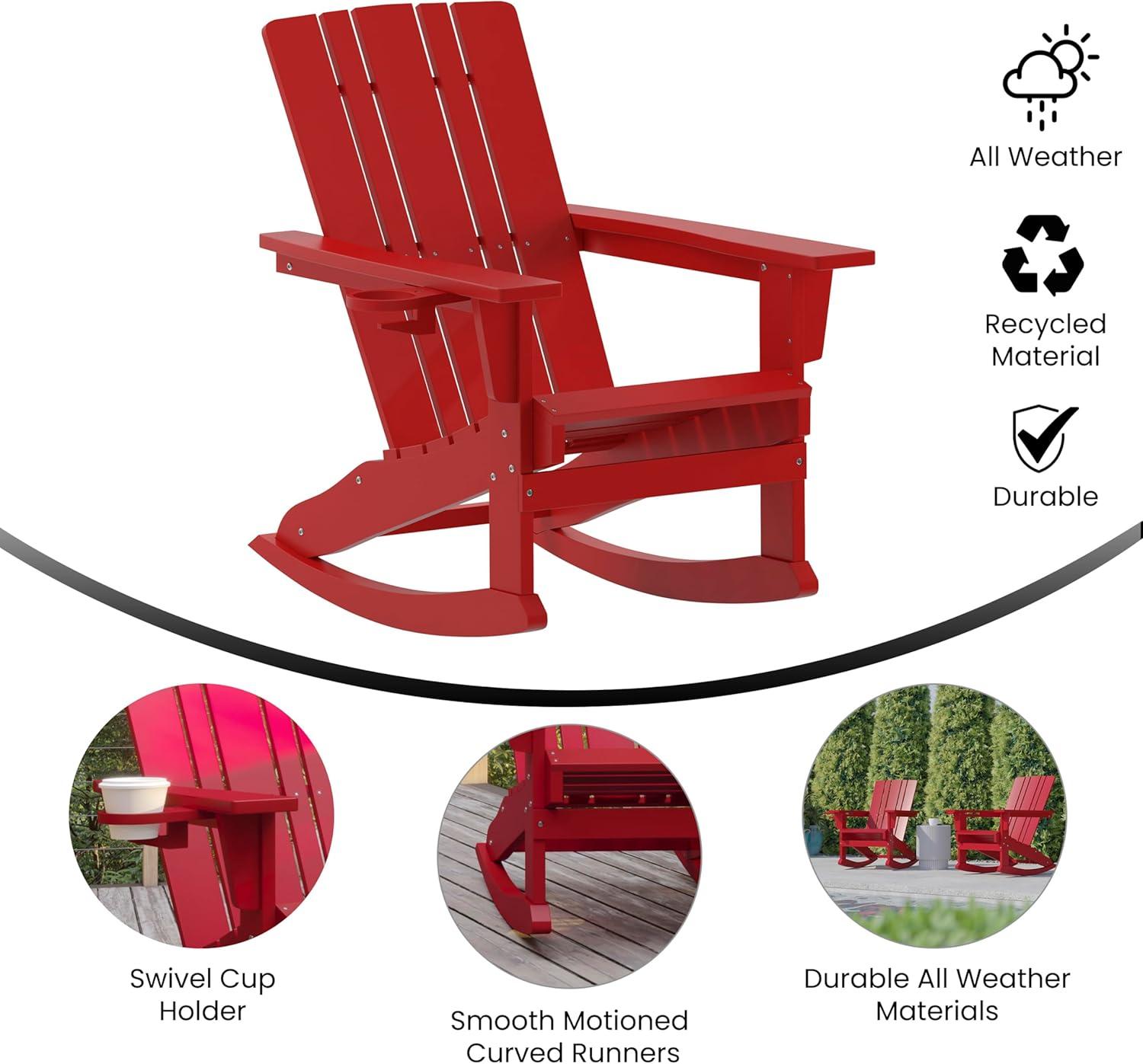 imageFlash Furniture Halifax Adirondack Rocking Chair with Cup Holder Weather Resistant Poly Resin Adirondack Rocking Chair RedRed