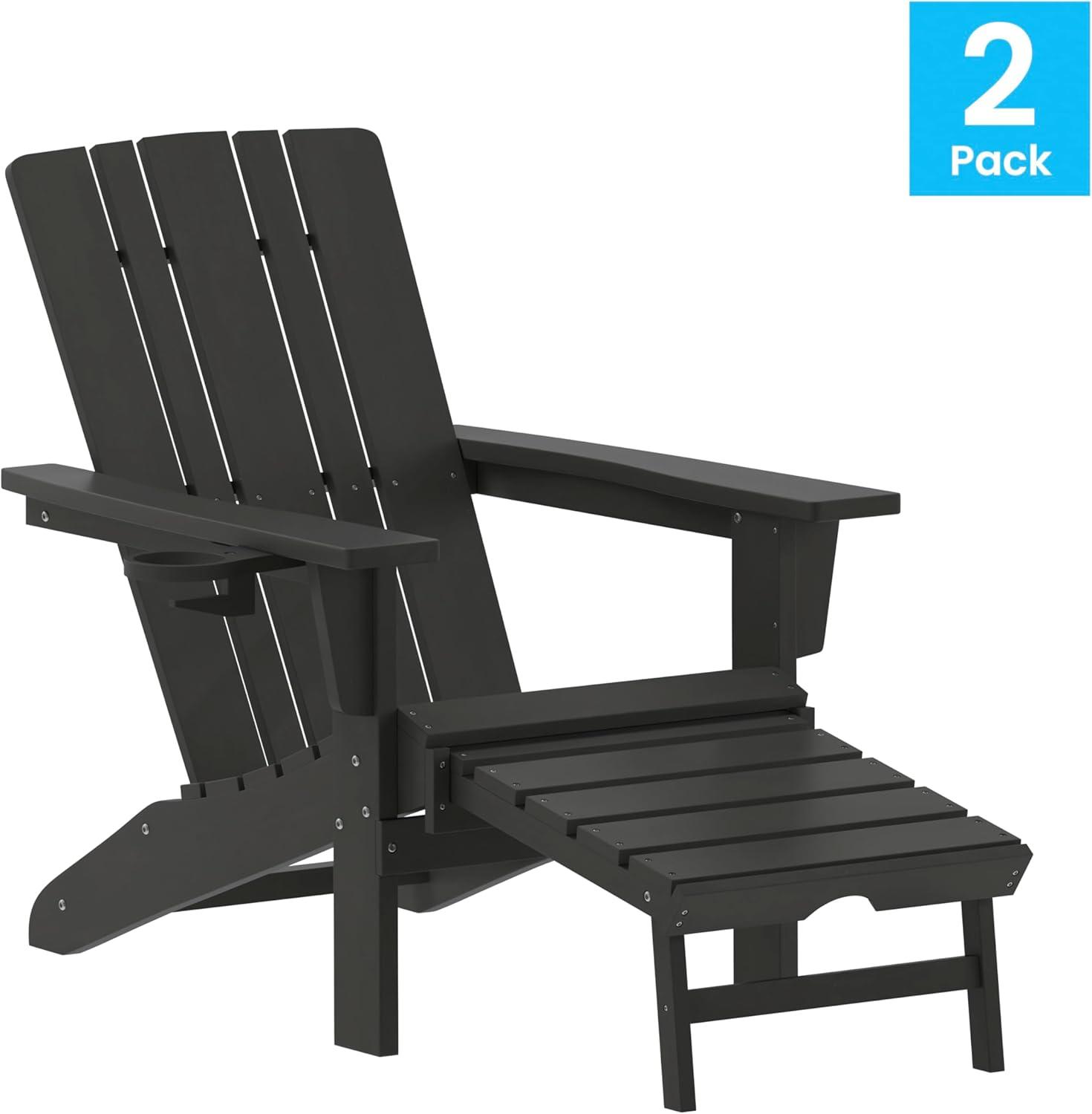 imageFlash Furniture Halifax Poly Resin Adirondack Chair with Cup Holder and Pull Out Ottoman AllWeather Poly Resin IndoorOutdoor Lounge Chair Set of 2 BlackBlack