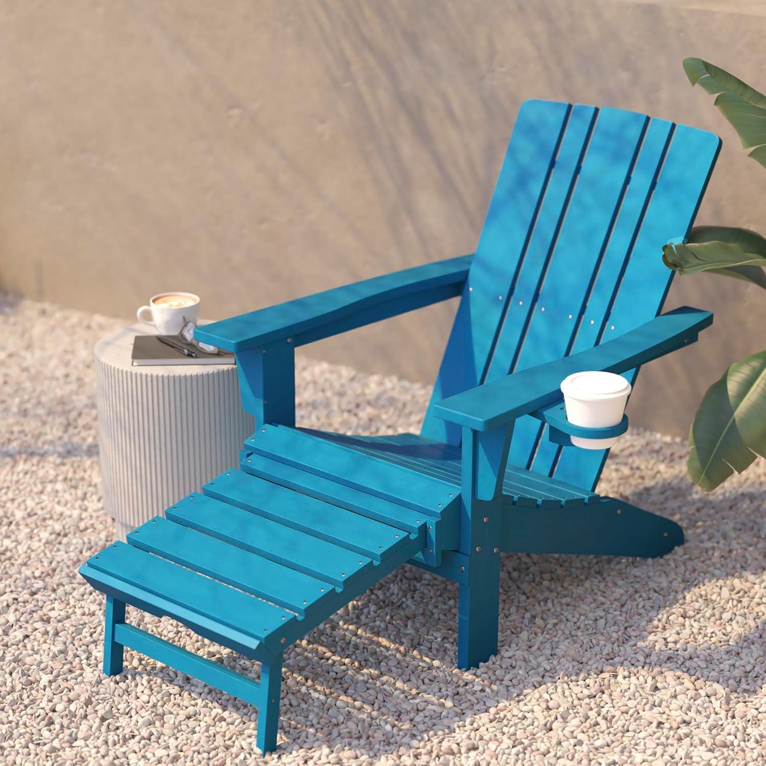 imageFlash Furniture Halifax Poly Resin Adirondack Chair with Cup Holder and Pull Out Ottoman AllWeather Poly Resin IndoorOutdoor Lounge Chair Set of 2 BlackBlue