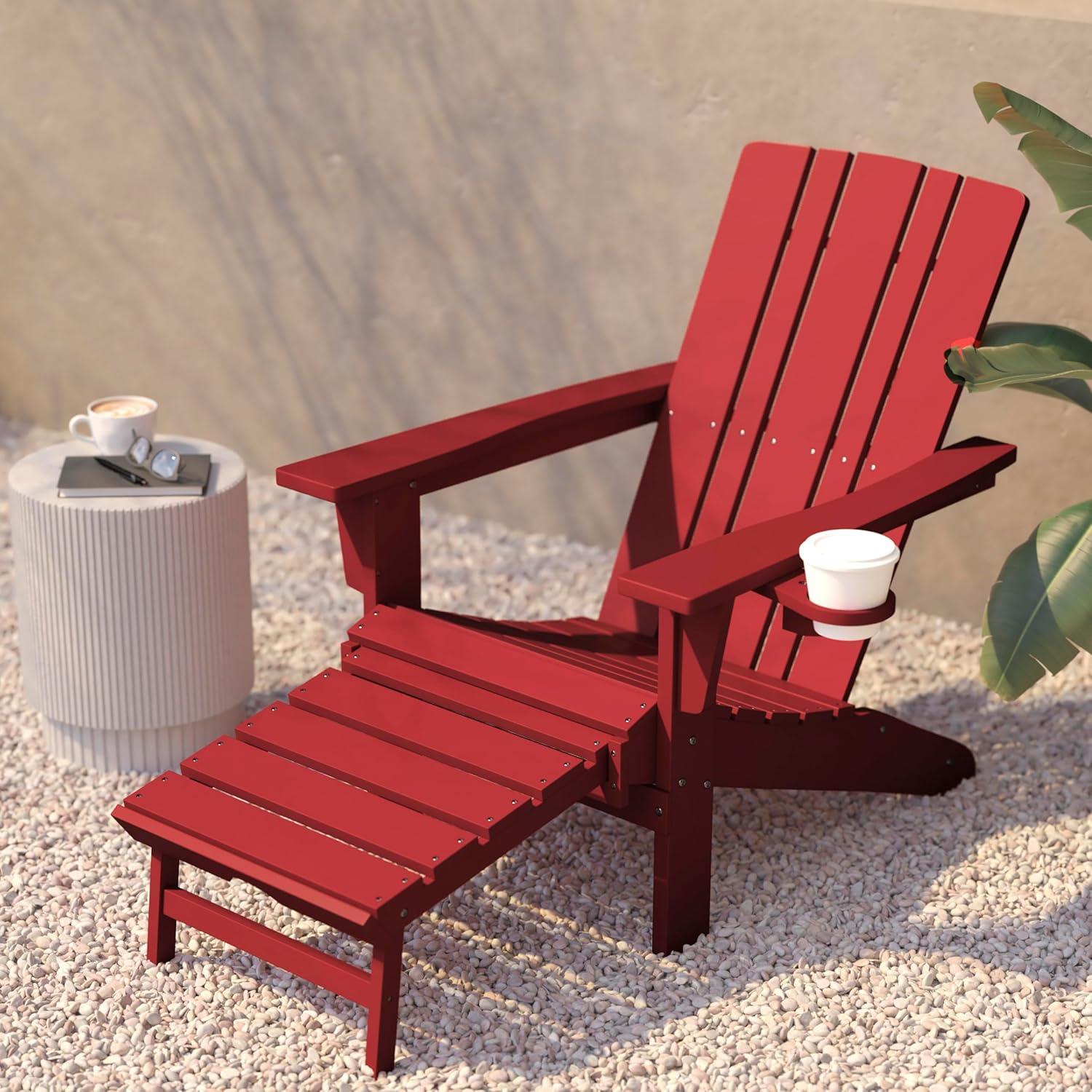 imageFlash Furniture Halifax Poly Resin Adirondack Chair with Cup Holder and Pull Out Ottoman AllWeather Poly Resin IndoorOutdoor Lounge Chair Set of 2 BlackRed