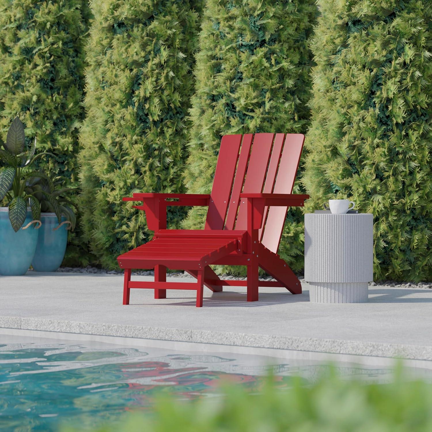 imageFlash Furniture Halifax Poly Resin Adirondack Chair with Cup Holder and Pull Out Ottoman AllWeather Poly Resin IndoorOutdoor Lounge Chair Set of 2 BlackRed