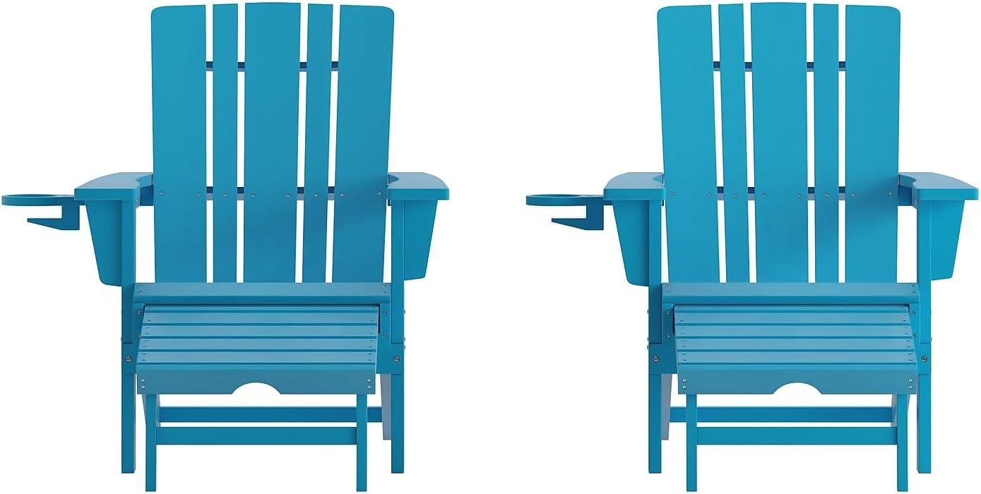 imageFlash Furniture Halifax Poly Resin Adirondack Chair with Cup Holder and Pull Out Ottoman AllWeather Poly Resin IndoorOutdoor Lounge Chair Set of 2 BlackBlue