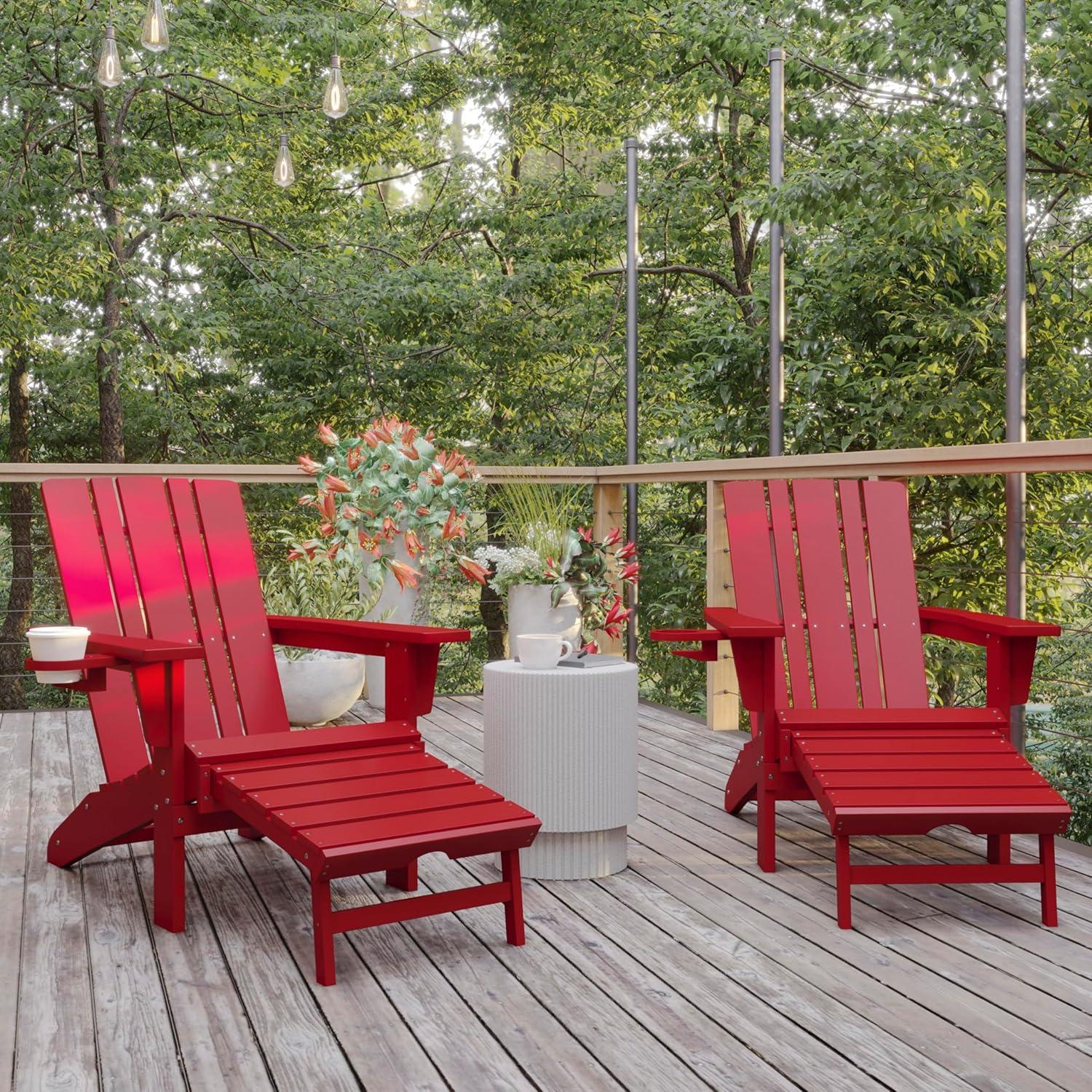 imageFlash Furniture Halifax Poly Resin Adirondack Chair with Cup Holder and Pull Out Ottoman AllWeather Poly Resin IndoorOutdoor Lounge Chair Set of 2 BlackRed