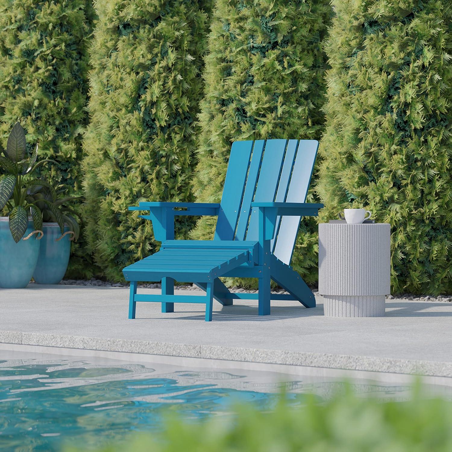 imageFlash Furniture Halifax Poly Resin Adirondack Chair with Cup Holder and Pull Out Ottoman AllWeather Poly Resin IndoorOutdoor Lounge Chair Set of 2 BlackBlue