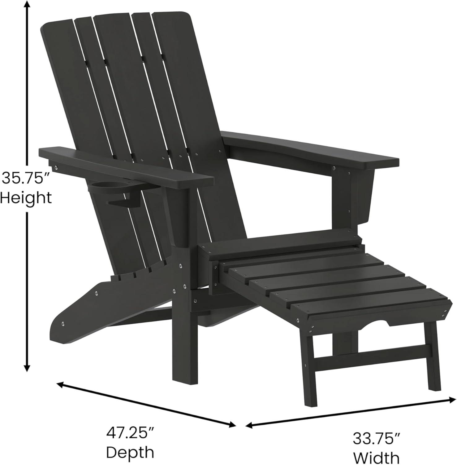 imageFlash Furniture Halifax Poly Resin Adirondack Chair with Cup Holder and Pull Out Ottoman AllWeather Poly Resin IndoorOutdoor Lounge Chair Set of 2 BlackBlack